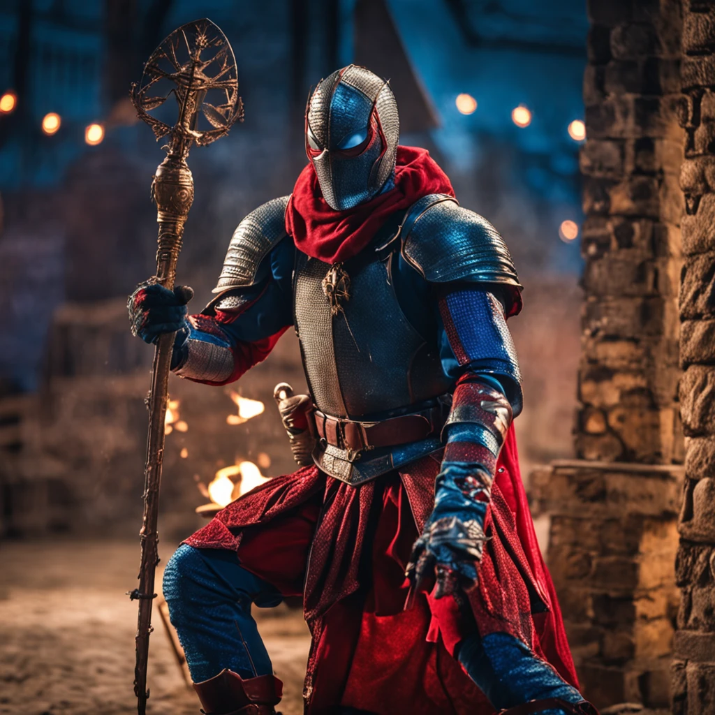 Marvel at the magical spider - the man who served as a medieval themed knight, Full set of red and blue glittering armor, Intricate details, Depicted in action poses, holds a spear, Medieval town in the background, Photorealistic, Dramatic lighting, Beautiful color grading, 8K resolution, Shot with Canon EOS C70 RF24–105mm lens