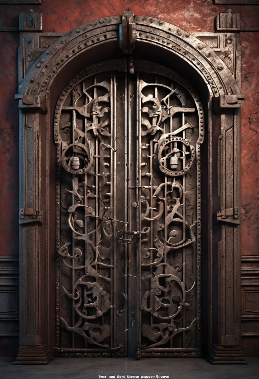 a distanced old indian antique mahal door with huge steel lock, chained with steel chains, octane render, cinema 4d render, hyper detail door sealed with huge steel chains and, closed door with lamps on wall, fire sparks on floor, smoke on floor, gate to hell, the gate to hell, symmetrical epic fantasy art, the gates of hell, epic fantasy novel cover art, majestic occult Gates, dan mumford tom Bagshaw, gates of hell, a portal to the lost flame realm, dan mumford and alex grey style, a portal to hell sealed steel chains and a huge lock, hyper-realistic, photorealism, cinematic lighting
