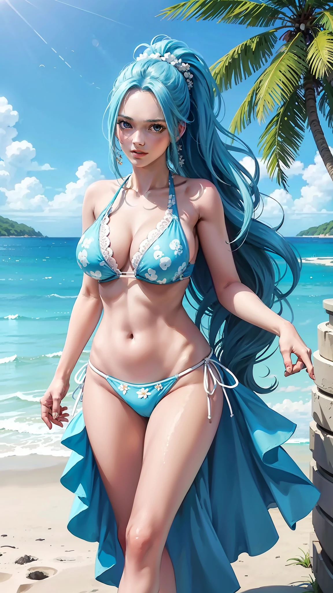 vivi from anime one piece, long hair, light blue hair, ponytail hair, perfect body, perfect breasts, beautiful woman, very beautiful, wearing a beach bikini, white bikini blue flower drawing, being on the beach, coconut tree, Realism, masterpiece, textured skin, super detailed, high detailed, high quality, best quality, 1080P, HD, 16k