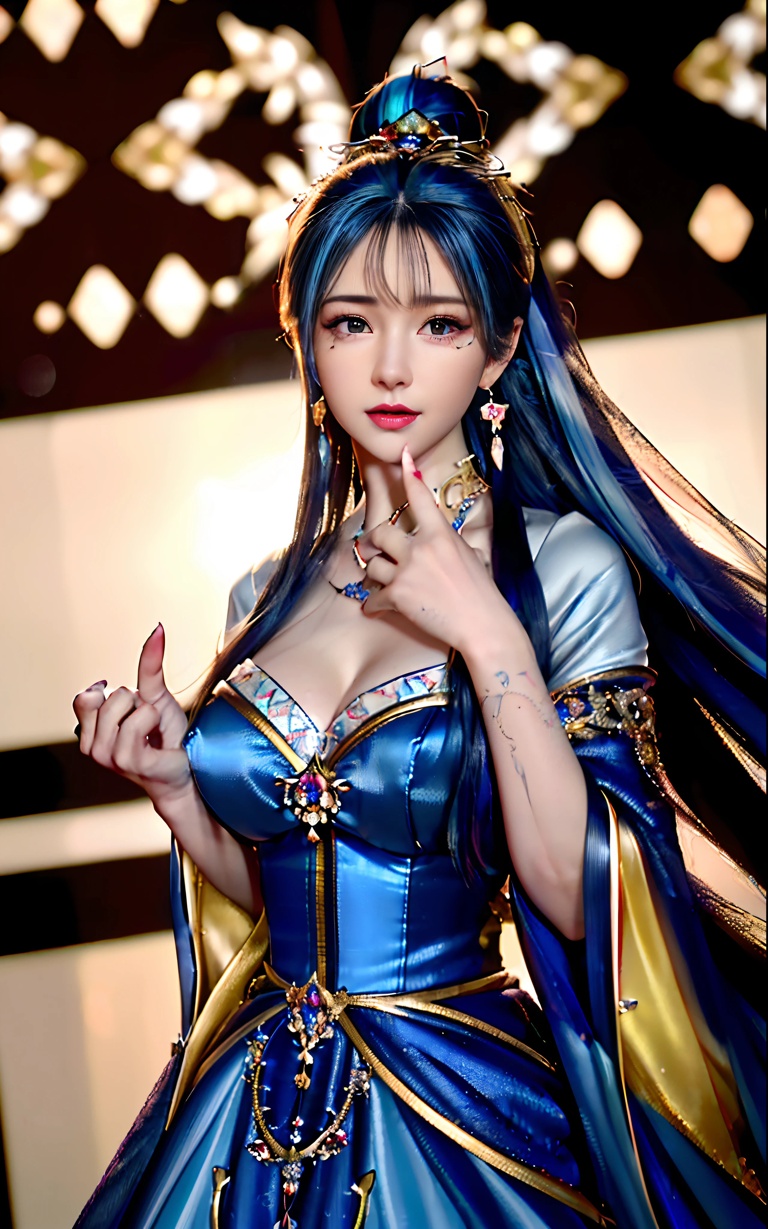 ((realisticity: 1.2)), ((realistic: 8K UHD)), ((best resolution: 8K UHD)), hyper detailed, best quality,masterpiece,highres,cg, ((1 girl hyper detailed and hyper realistic) ) , ((beautiful queen, hyper realistic and hyper detailed)),((white skin, beautiful, smooth, youthful, hyper realistic and hyper detailed )), ((Face hyper beautiful, white, hyper realistic and hyper detailed ) ), long hair, ((hyper realistic and hyper detailed dress)), solo, ((hyper realistic, hyper beautiful, beautiful and hyper detailed jewelry)), ((hyper beautiful deep red and golden yellow dress, hyper realistic and hyper detailed )) , ((Her pretty, hyper realistic, hyper detailed diamond filled earrings)), ((Her gorgeous diamond haircut, hyper realistic and hyper detailed)), ((hyper pretty upper body, hyper beautiful, hyper realistic and hyper detailed) ), ((medium breast: 1.1)), ((hyper realistic, hyper pretty, hyper detailed boobs)), ((the backgroun of the royal palace is hyper majestic, hyper realistic and hyper detailed)),((hands and palms hyper beautiful, hyper detailed, hyper realistic)), ((hyper detailed and hyper realistic fingers and fingernails)), ((hyper pretty fingernails, hyper vivid, hyper detailed, hyper realistic)), ((thumb, index finger, middle finger, ring finger, little finger hyper vivid, hyper pretty, hyper detailed, hyper realistic)),
((hyper beautiful fingers, hyper detailed, and hyper realistic)), ((posture not too fat and not too thin, hyper realistic, hyper detail)), ((hyper pretty, hyper pretty, hyper realistic and hyper detailed hair bun)), ((hyper pretty , hyper realistic and hyper detailed blue hair)), candid, Photo, high resolution, 8k , bokeh,
