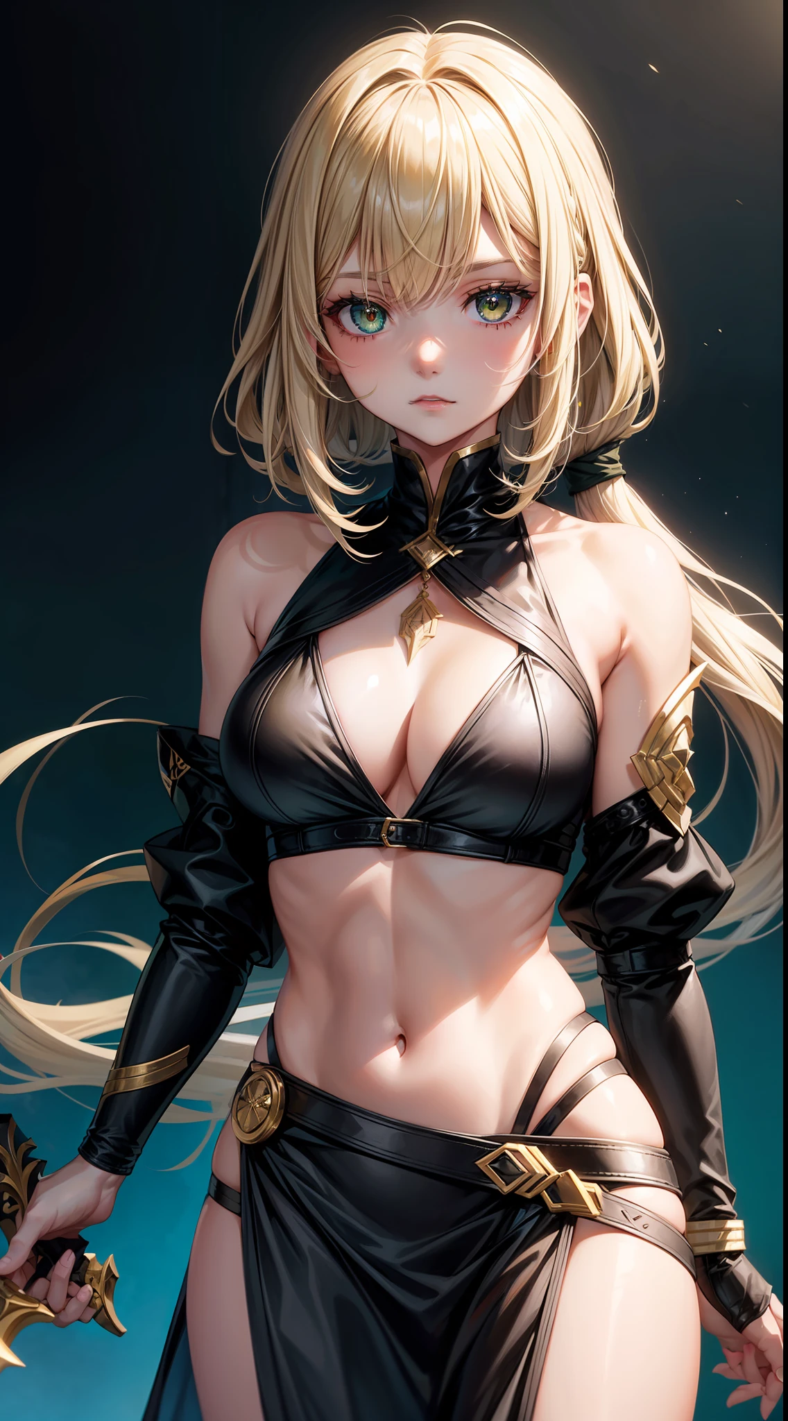 1girl with shoulder-length wavy blonde hair, skew cut bangs, and heterochromia (one green eye and one gold eye) wearing a black assassin outfit.
She is holding a dagger and has a tattoo on her shoulder