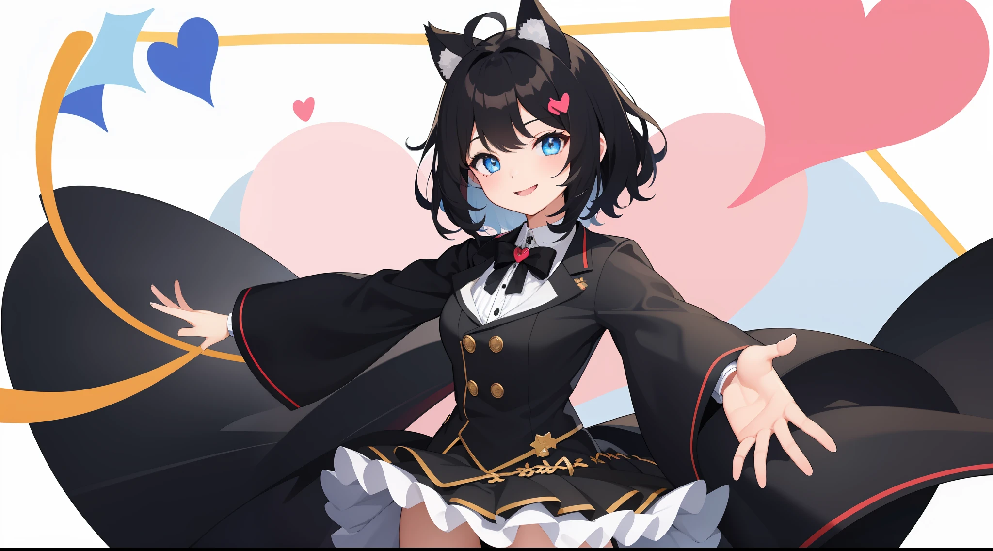 girl with、Chibi、((Best Quality, high_resolution, Distinct_image)),(Black hair), (Black cat ears), (Ahoge), (absurdly short hair), (Wavy Hair), (Blue eyes),、A smile、mideum breasts、Heart pupil、Hands outstretched