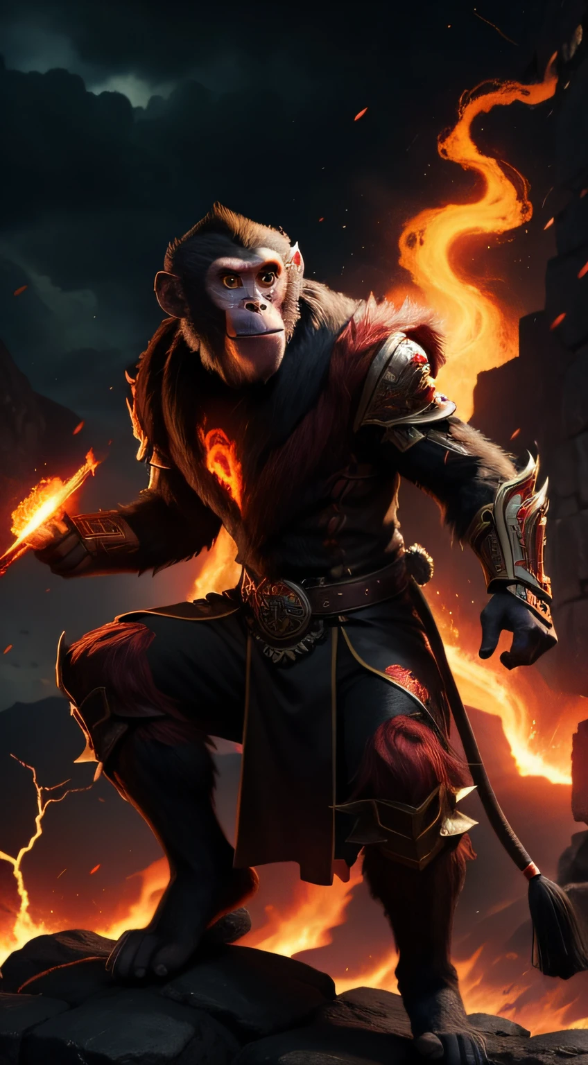 infernal-lord, monkey-head, flame-lava, fire-background, full-body, lightning-strike-on-the-left-background, cool