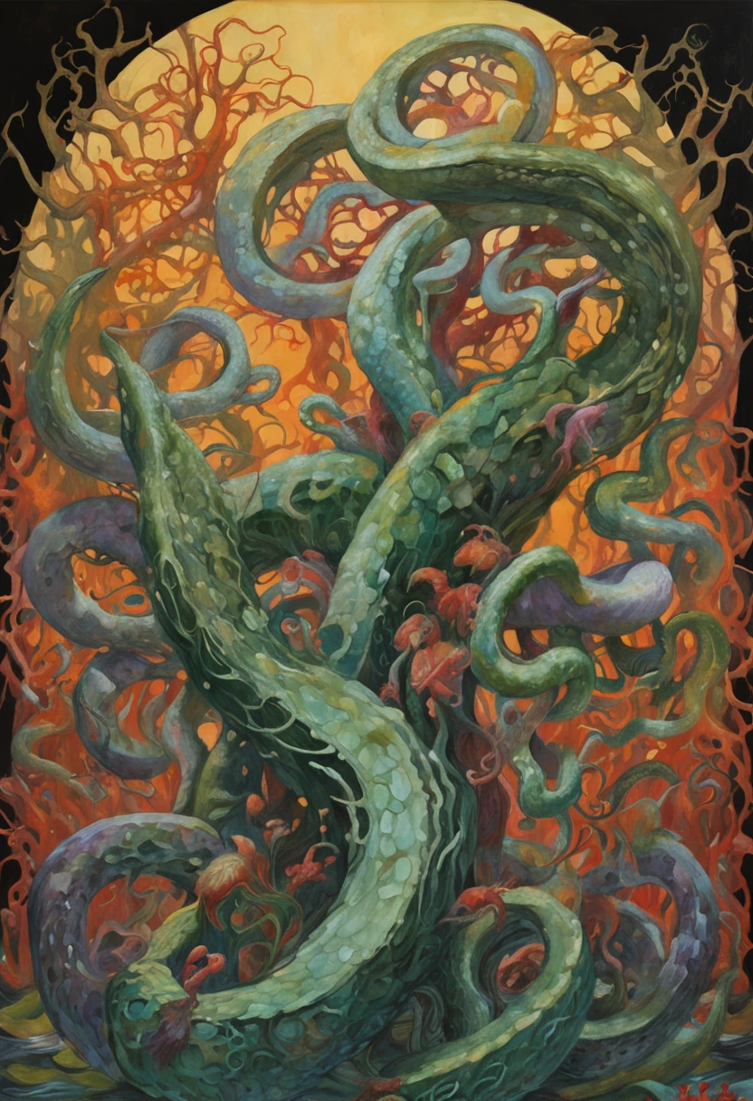 Tentacle demon tree, tentacle tree, plant tentacle, binding, devouring goddess, magic, tentacle trunk inlaid with a beautiful woman, inlaid with a woman kneeling in the tentacle tree fused with the demon tree, covered with tentacles, fine details. Anime. Tentacles, tentacles surrounding, wrapped around colored tentacles, some tentacles touching her, huge greasy tentacles and eyes, many sucked tentacles. Hybrid, biomechanical Oppein, many tentacles, densely packed tentacles, mucus and tentacles, twisted tentacles