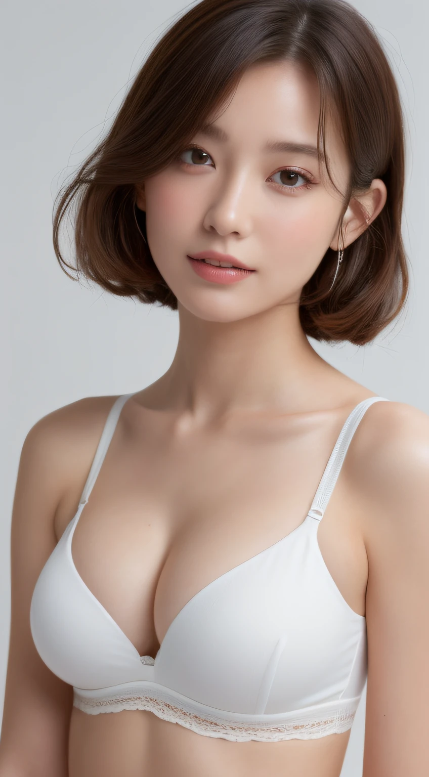 Beautiful woman, Japan person, very sexy body, big breasts looking directly at the camera, attractive fairly big big, gaze staring at the camera, sexy look, chest sandwiched between arms to create cleavage, lower breasts protruding a little, chest closer, coquettish smile, happy smile, skin luster, big eyes, highlights in the pupils, clear double eyelids, eyelashes, long neck, Beautiful short hair, glossy dark black hair, bangs, pure white background, blank background, ears out, beautiful skin type, oil on skin, lame on skin, lotion on skin, off-shoulder white swimsuit, small swimsuit, pretty belly button, clean ass bones, natural light