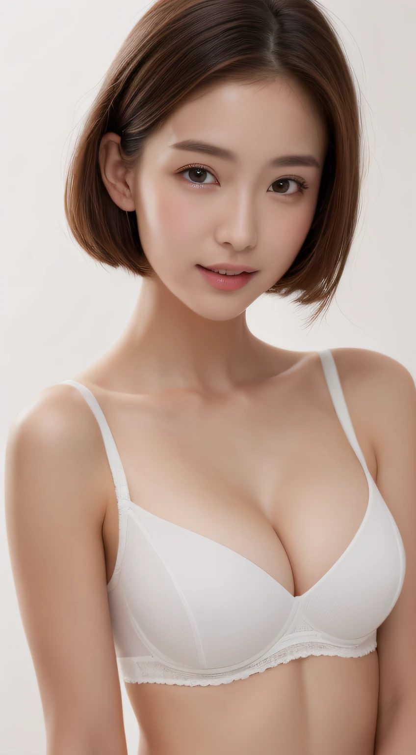 ((Best picture quality, 8K, tmasterpiece:1.3)), 1girll, Beautiful woman with slender abs:1.3, (Casual hairstyle, Leaky big breasts:1.2), Low-cut bra，Super large，Ultra-fine face, A detailed eye, 二重まぶた，ssmile，Home，The figure is very bad，tiny small waist，Super big breasts，Close-up，Close-up chest，White-skinned，The background is casual，Close-up Shot Shot