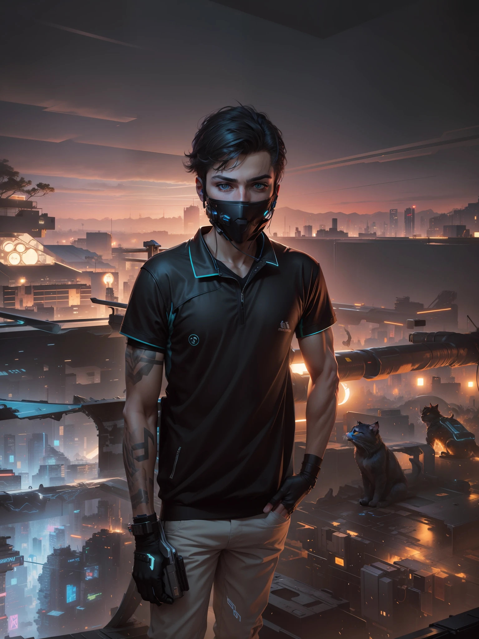Cyberpunk handsome boy ultra realistic with cat