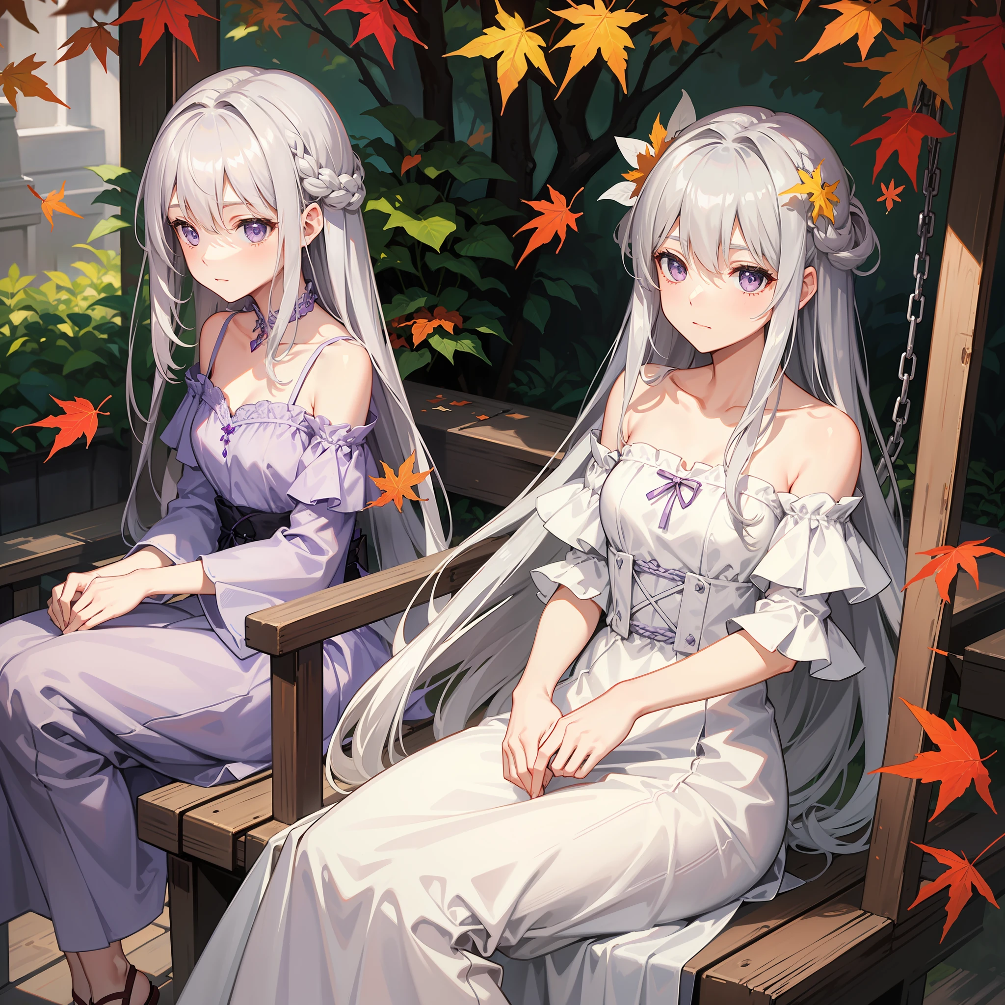Long silver-gray hair,Lilac eyes,Wearing an off-the-shoulder pale white dress,Sit on a wooden swing,There was a sad look on his face,Maple leaves fall