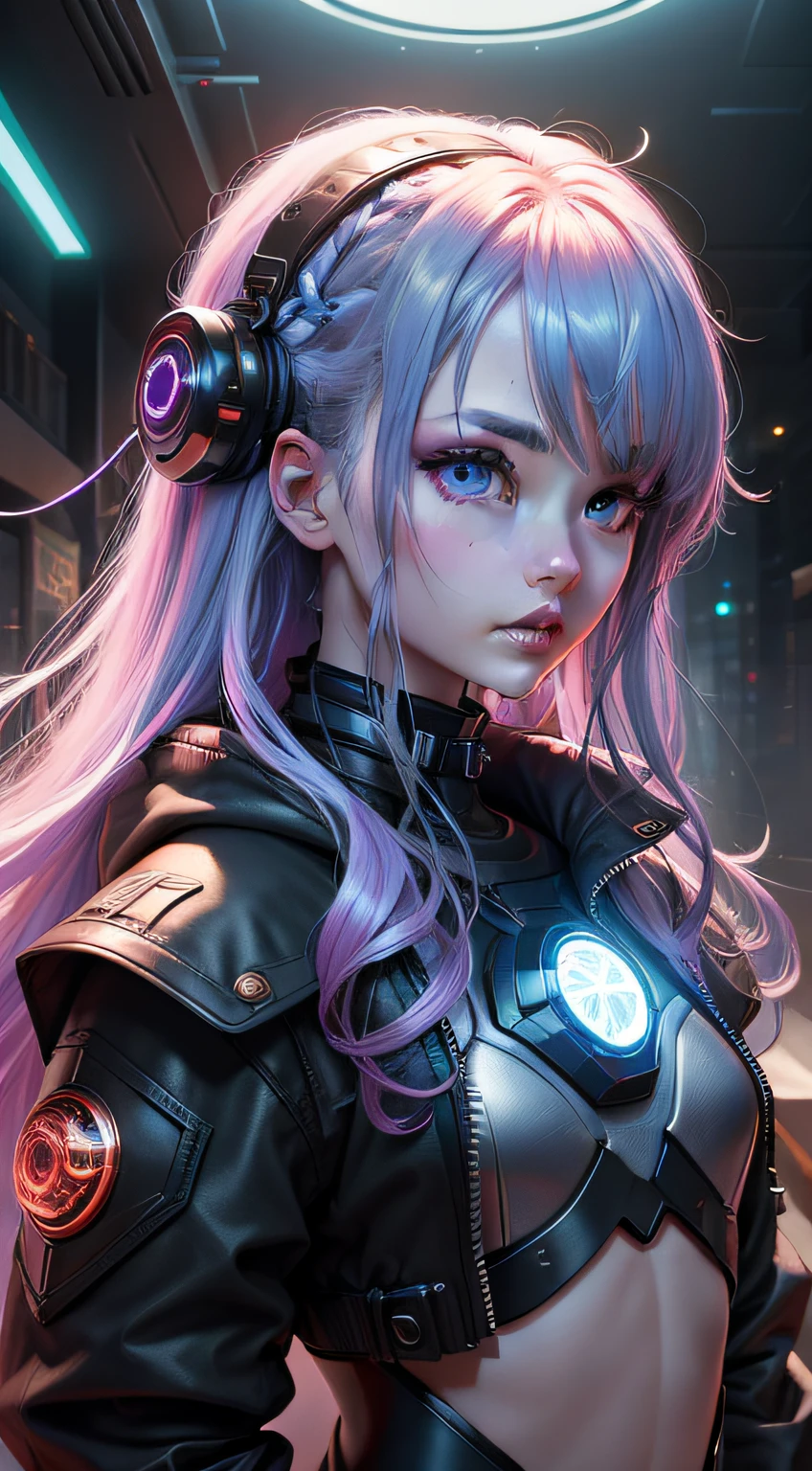 cyber punk perssonage、Masterpiece quality、sci-fy,best qualtiy、offcial art、Beauty and aesthetics:1.2、Very detailed fractal art、Colorful abstract background、Kizi、bust,Kamimei、The color hair、long whitr hair、luminous red eyes、Mysterious magic、Girl of Ice and Fire,Red and blue color scheme,cinematric light ,Mysterious energy ball,the void,optic,Showy,Sensory art