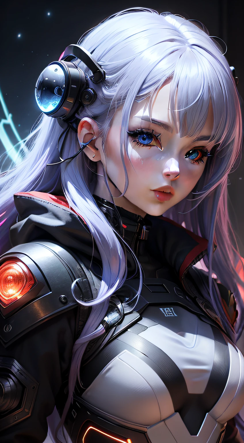cyber punk perssonage、Masterpiece quality、sci-fy,best qualtiy、offcial art、Beauty and aesthetics:1.2、Very detailed fractal art、Colorful abstract background、Kizi、bust,Kamimei、The color hair、long whitr hair、luminous red eyes、Mysterious magic、Girl of Ice and Fire,Red and blue color scheme,cinematric light ,Mysterious energy ball,the void,optic,Showy,Sensory art