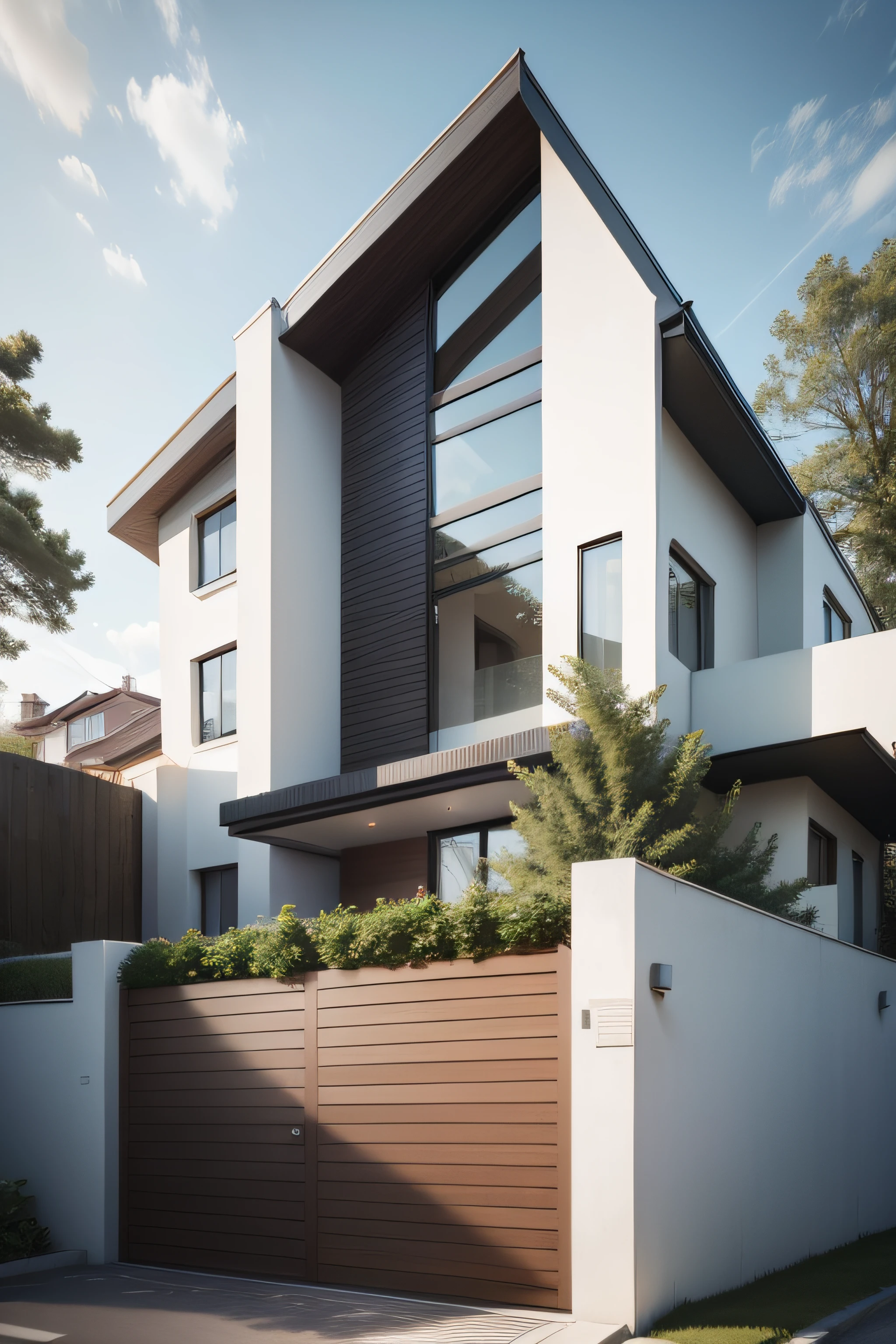 Contemporary house façade at the bottom of the plot