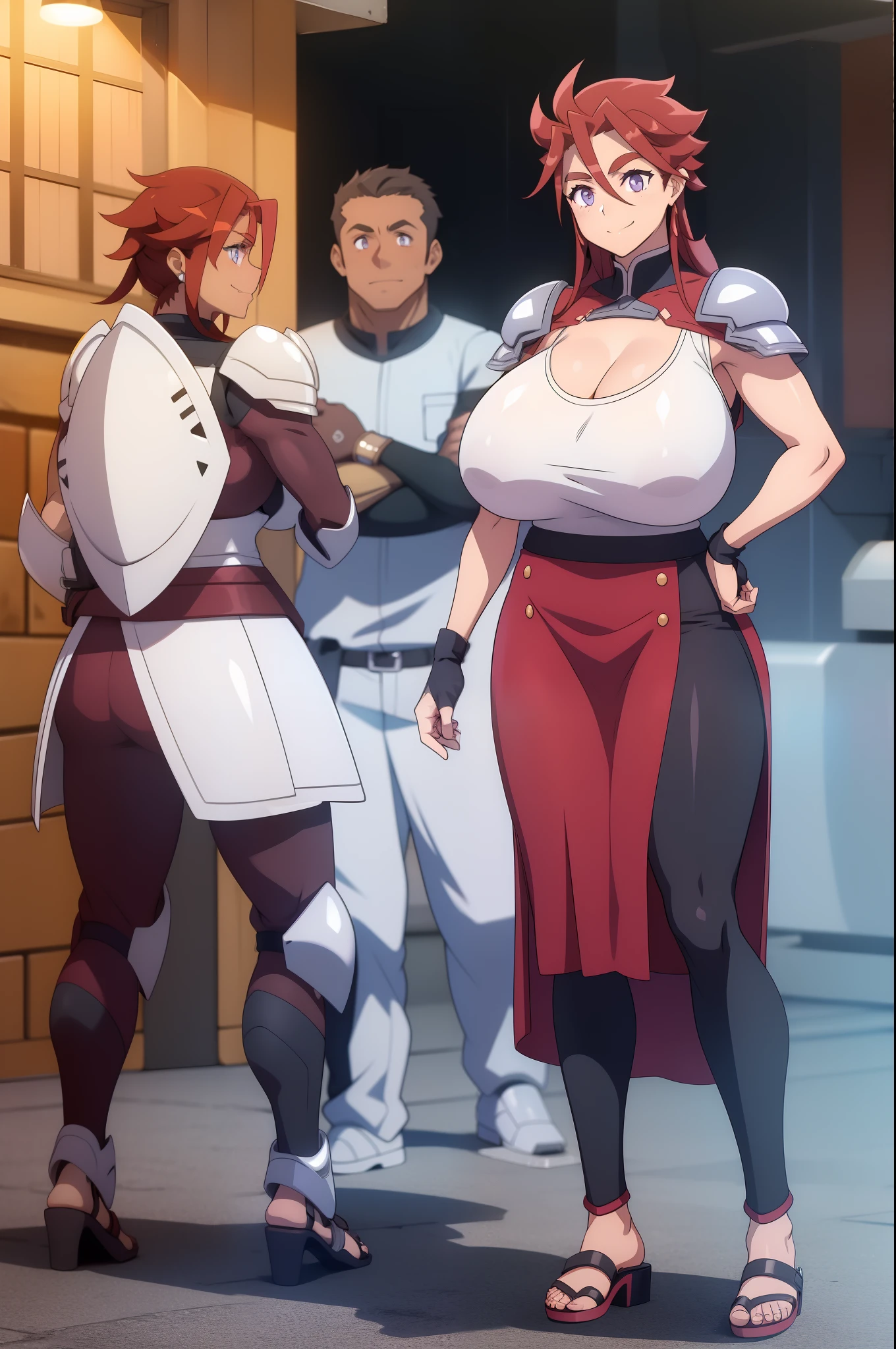 rbykoha, knight armor, long skirt, large skirt, smile, huge breast, full body, flipflops, holding (lance),standing, pants