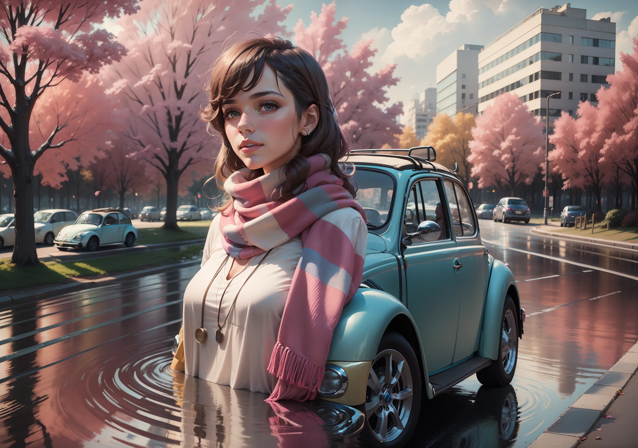 35mm portrait of a beautiful woman with a hat on her head and a scarf around her neck driving a blue Volkswagen Beetle convertible, cinematic city and some trees with pink leaves, dramatic lighting, ultra resolution, reflections on the ground and cloudy sky, intricate detailing, hyperrealistic , cinematic photorealistic, 4k