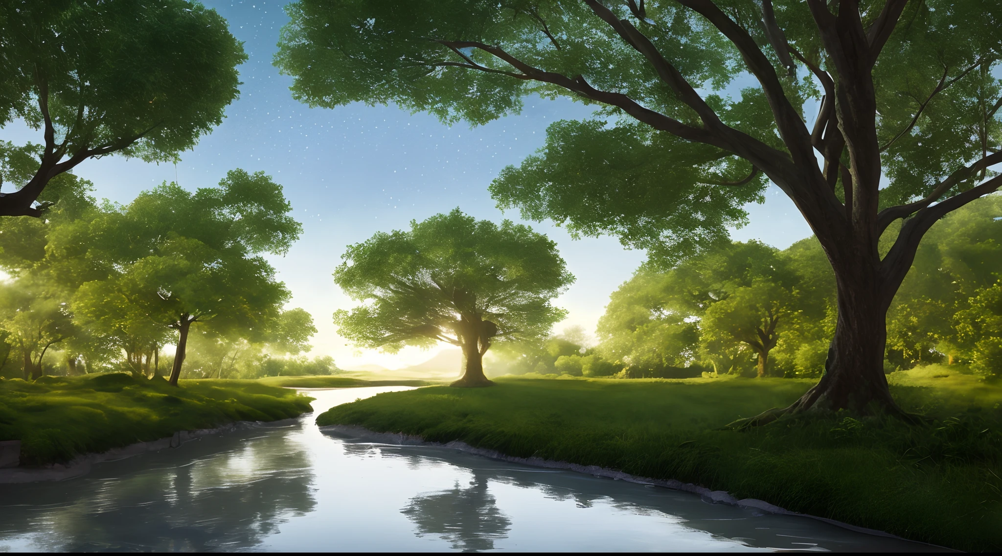 Illustration of a hyperrealistic scene, de outro mundo, Ultrasky with full body of a giant tree, Very detailed and magical lighting, detalhes intrincados da floresta, vegetation and river around, solarpunk, paisagem, giant tree, beautiful leaves with beautiful lighting and realistic proportions, as if it were a cinematic background, 8k, max quality, obra-prima, Clouds and stars in the sky.