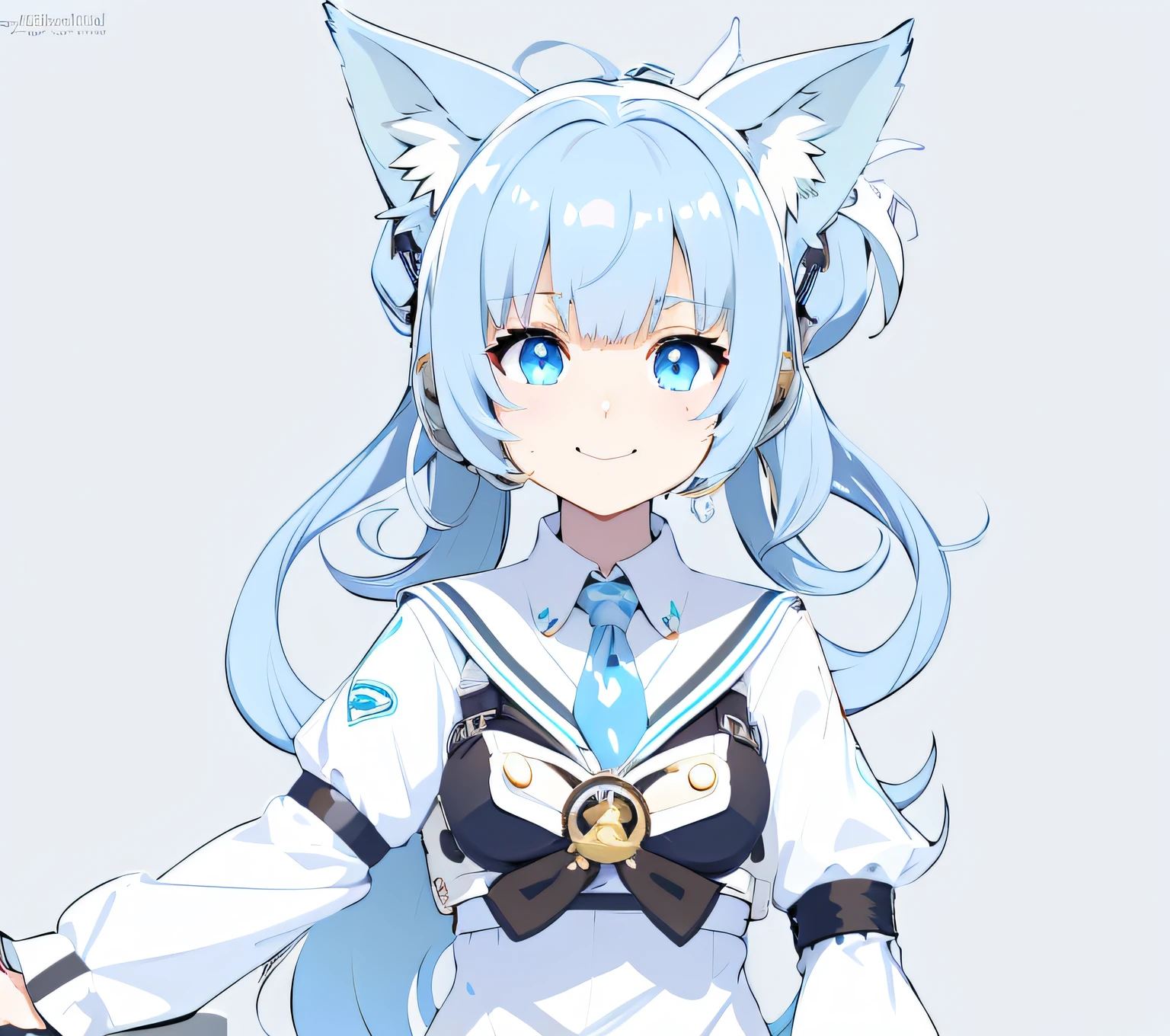 Flat wind twice，Virtual anchor holster，quadratic element，High- sharpness，Clean style，Bright colors，The ears of the beast are on either side of the head，skyblue hair，angel girl，Idol girl，Black and white sci-fi style clothes，Poor milk，A confident smile，Jewel-like eyes sparkle，Wholesale double ponytail，Sailor collar，Fluffy hair，Has a red accent，