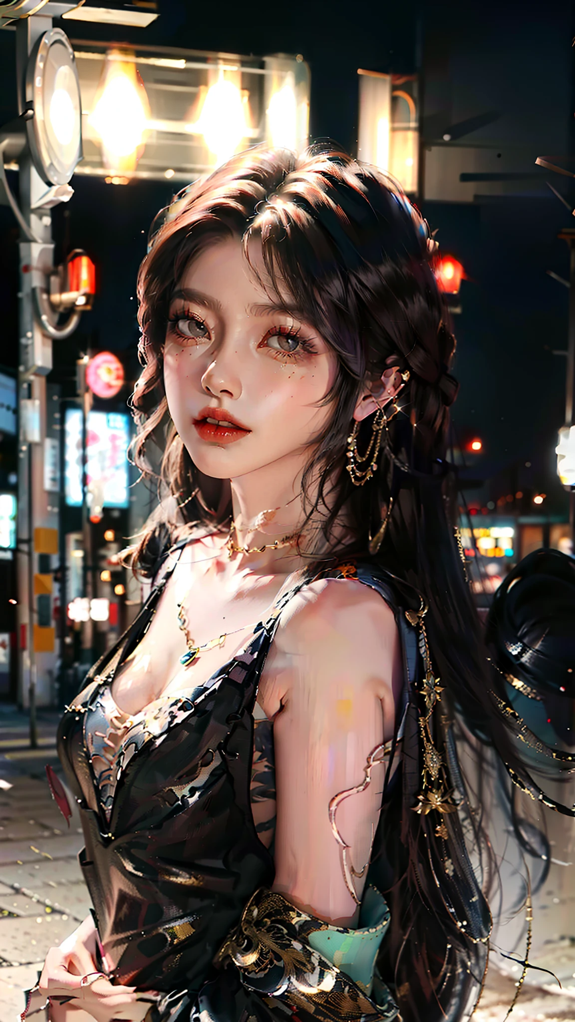 best qualtiy，tmasterpiece，超高分辨率，（realisticlying：1.4），RAW photogr，（Evening Street），1个Giant Breast Girl，黑The eye，looking at viewert，long whitr hair，Light makeup，Do the action of biting your lip，tiny ears，耳Nipple Ring，Bigchest，slim，exposed，The body faces the viewer，