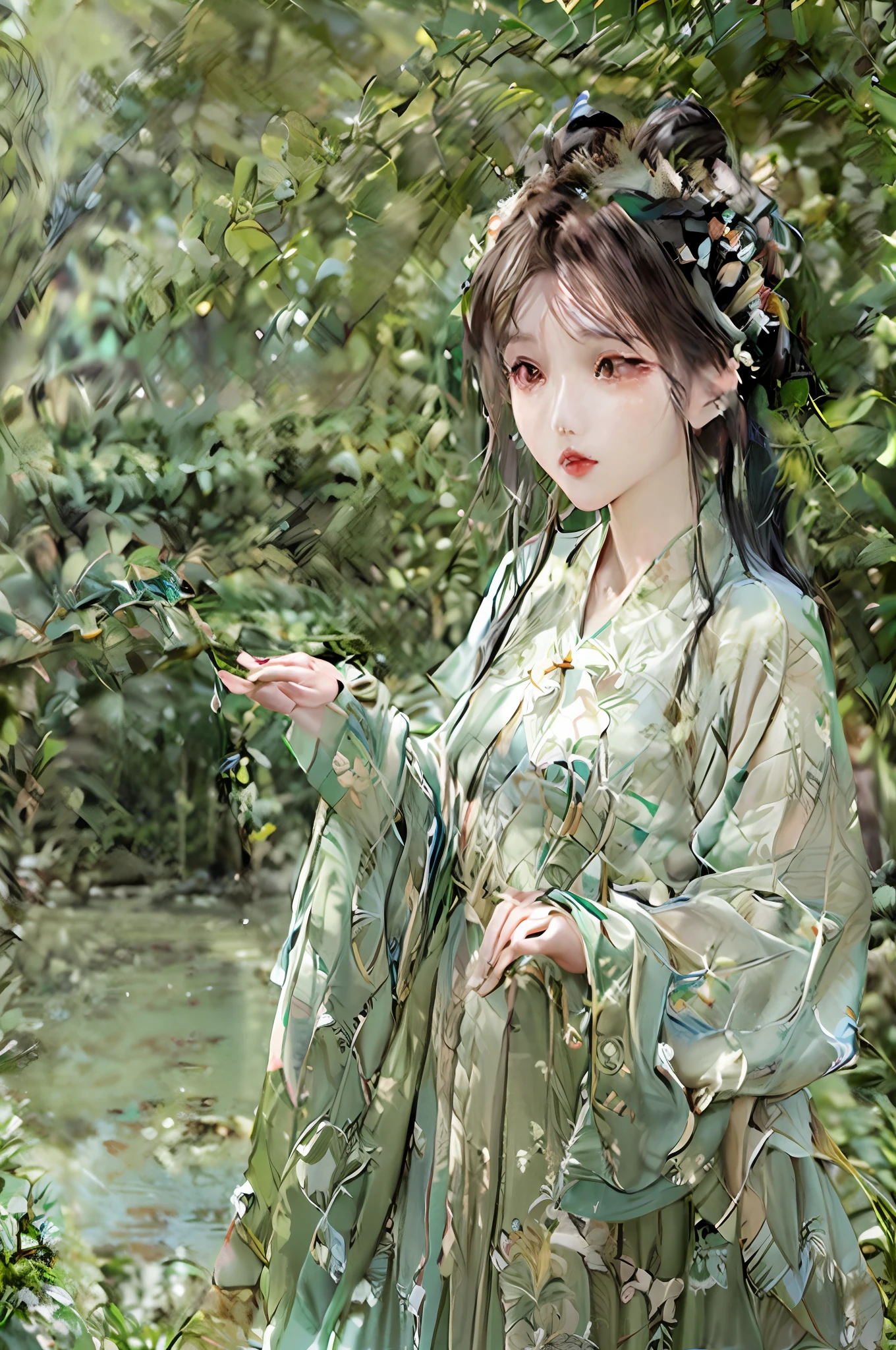 An ancient Chinese beauty standing by the river，中景 the scene is，Wearing ancient Chinese clothing，Flowing tulle silk，（Detailed and perfect facial details），（Beautiful and affectionate eyes），Flowing silky hair，Pavilion，Flying birds，The vista is a mound...