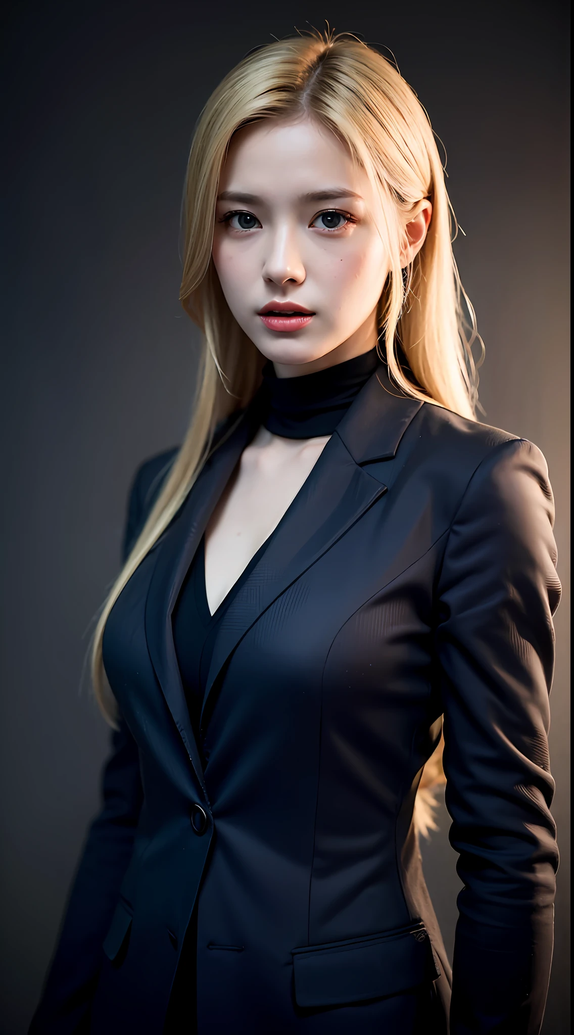 Best quality, masterpiece, ultra high res, (photorealistic:1.4), raw photo, 1girl, blonde hair, blue eyes, detailed eyes and face, black suit, dynamic lighting, in the dark, deep shadow, low key, cowboy shot full-lenght body