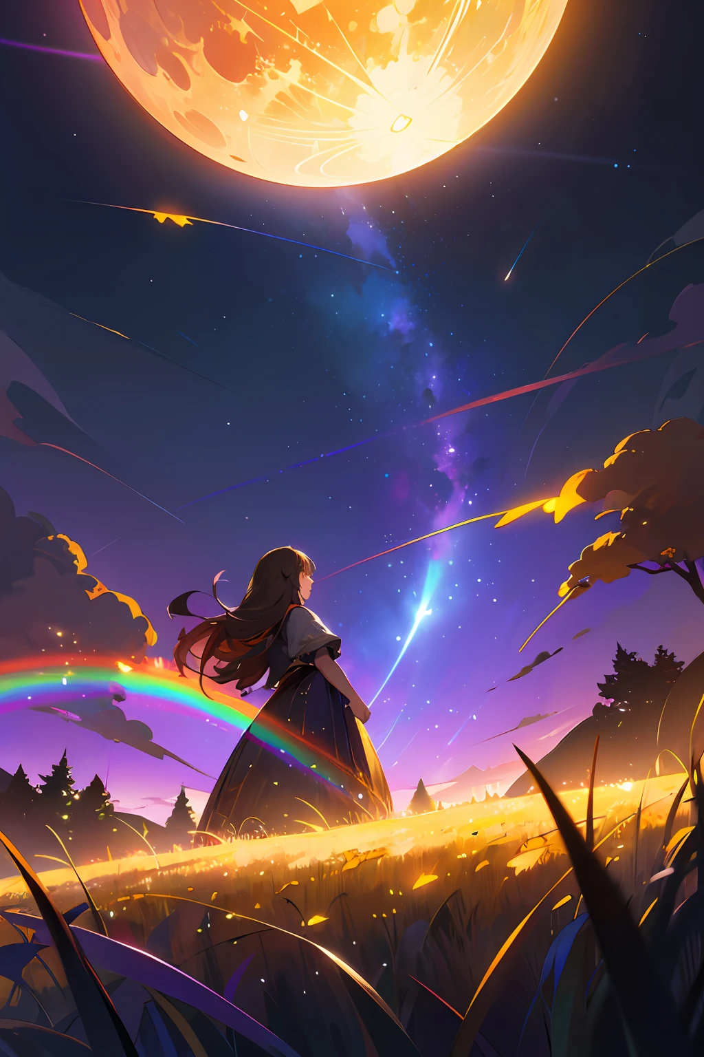 Vast landscape photo, (viewed from below, the sky is above and the open field is below), a girl standing on a flower field looking up, (full moon: 1.2), (meteor: 0.9), (nebula: 1.3), distant mountains , Trees BREAK Crafting Art, (Warm Light: 1.2), (Fireflies: 1.2), Lights, Lots of Purple and Orange, Intricate Details, Volumetric Lighting, Realism BREAK (Masterpiece: 1.2), (Best Quality), 4k, Ultra-Detailed, (Dynamic Composition: 1.4), Very Detailed, Colorful Details, (Rainbow Colors: 1.2), (Glow Lighting, Atmospheric Lighting), Dreamy, Magical, (Solo: 1.2)