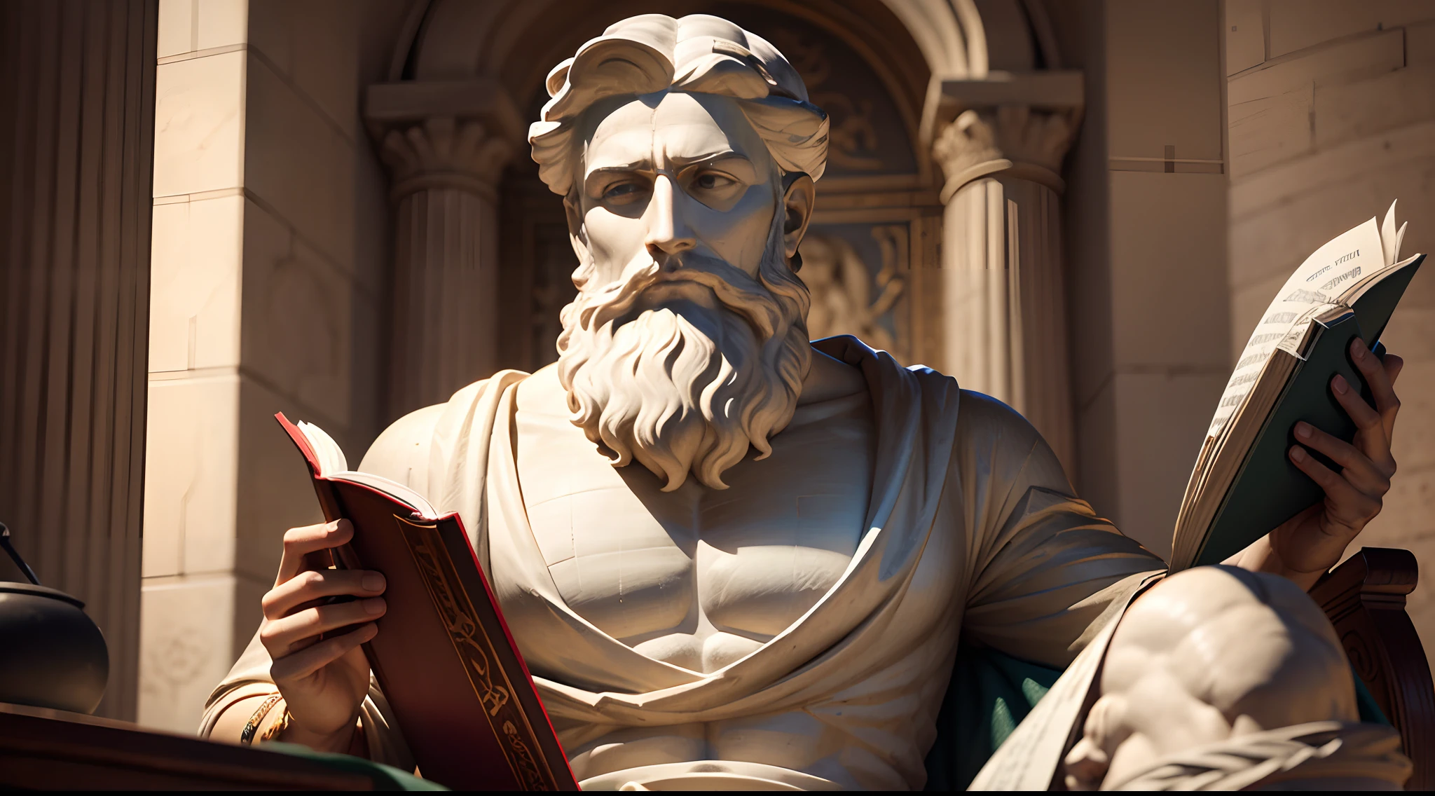 Greek Statue Of A Stoic Philosopher, Musical, With Beard, Reading A Book, 4k, 16x9