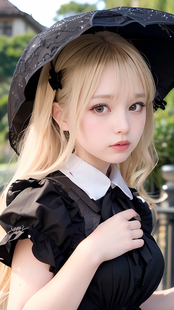 1 Nogizaka Musume、Very cute、a beauty girl、age19、(Gothic Lolita Fashion)、a blond、Looking at Viewer、Beautiful face, eyes and skin with exquisite detail、Fine black shiny hair、Classy ruffles、frilled tie、Ribbon tie、rose hair accessory、(Smile at the camera)、(up close shot)、(European seas)、profetional lighting、BREAK、(realisitic、Photorealsitic:1.37)、8K、(​masterpiece)、(top-quality:1.4)、(超A high resolution:1.2)、 (Raw photography:1.2)、(Delicate lace、Soft fabric、Beautiful rose pattern dress)、perfect anatomia、4 fingers and 1 thumb、seaside backgroud、(Wallpapers by Unity 8K)