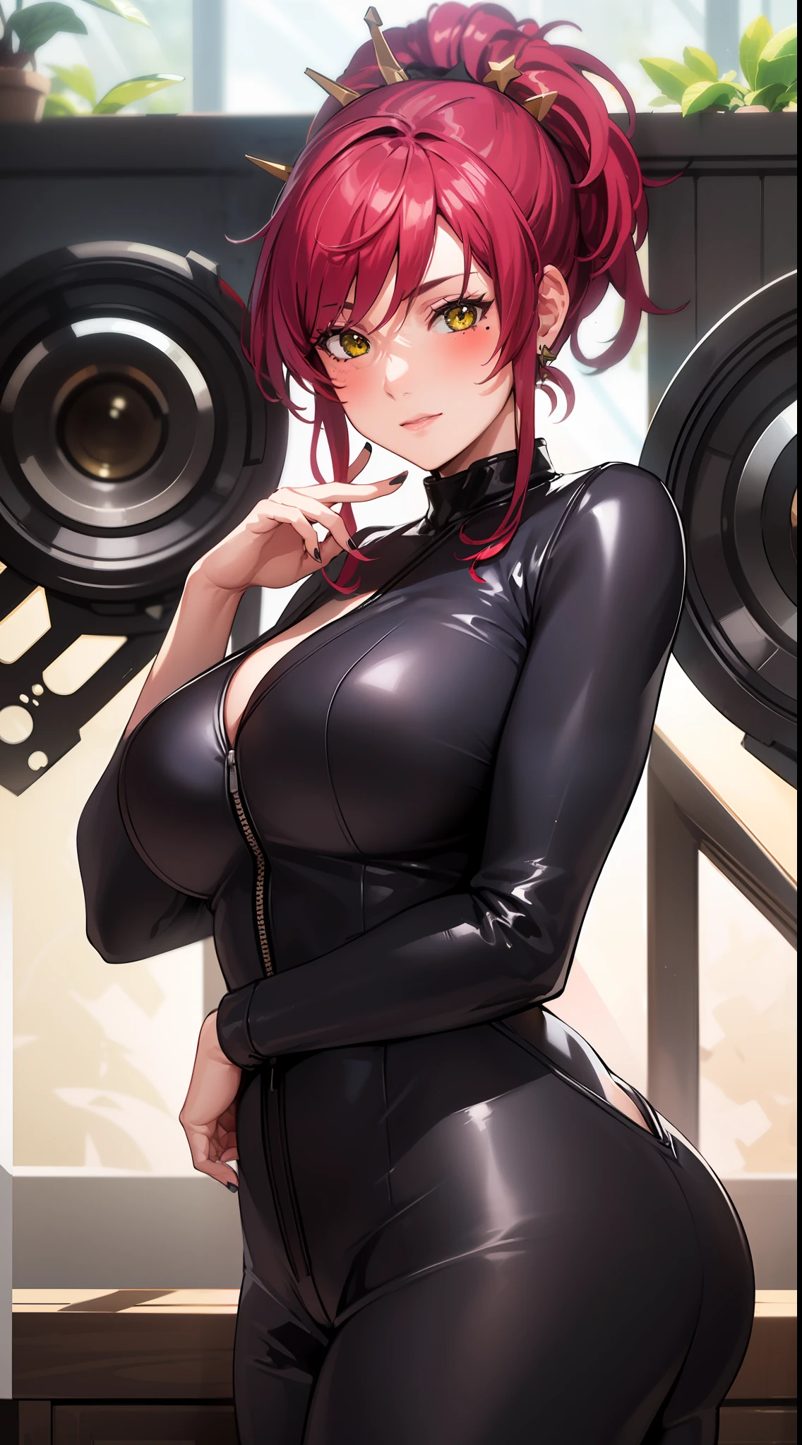 professional artwork, Intricate Details, field of view, sharp focus, detailed painting, photorealistic lighting, trending on pixiv,(masterpiece:1.0),(best_quality:1.0), ultra high res, ultra-detailed, photography, 8K, HDR, highres, absurdres:1.2, Kodak portra 400, film grain, sharp focus, bokeh:1.2, lens flare, (vibrant_color:1.2), Marie Mamiya, mature female, milf, (solo:1.4), (curvy:1.1), (red hair:1.05), hair ornament, (mole under eye:0.9), (yellow eyes:1.05), earrings, (seductive look, blush), fingernails, (Large Breasts:1.15), big ass,((upper body, half body shot)), (black jumpsuit:1.4), (((looking at viewer:1.4)))