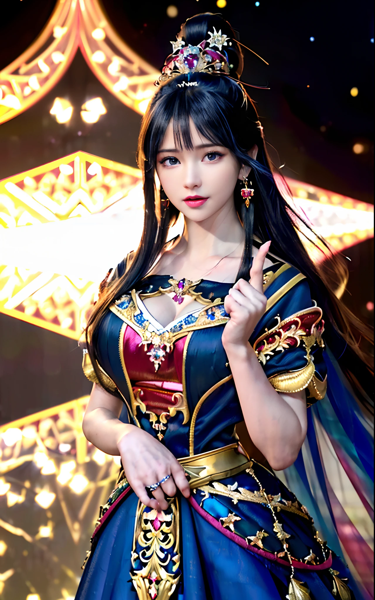 ((realisticity: 1.2)), ((realistic: 8K UHD)), ((best resolution: 8K UHD)), hyper detailed, best quality,masterpiece,highres,cg, ((1 girl hyper detailed and hyper realistic) ) , ((beautiful queen, hyper realistic and hyper detailed)),((white skin, beautiful, smooth, youthful, hyper realistic and hyper detailed )), ((Face hyper beautiful, white, hyper realistic and hyper detailed ) ), long hair, ((hyper realistic and hyper detailed dress)), solo, ((hyper realistic, hyper beautiful, beautiful and hyper detailed jewelry)), ((hyper beautiful deep red and golden yellow dress, hyper realistic and hyper detailed )) , ((Her pretty, hyper realistic, hyper detailed diamond filled earrings)), ((Her gorgeous diamond haircut, hyper realistic and hyper detailed)), ((hyper pretty upper body, hyper beautiful, hyper realistic and hyper detailed) ), ((medium breast: 1.1)), ((hyper realistic, hyper pretty, hyper detailed boobs)), ((the backgroun of the royal palace is hyper majestic, hyper realistic and hyper detailed)),((hands and palms hyper beautiful, hyper detailed, hyper realistic)), ((hyper detailed and hyper realistic fingers and fingernails)), ((hyper pretty fingernails, hyper vivid, hyper detailed, hyper realistic)), ((thumb, index finger, middle finger, ring finger, little finger hyper vivid, hyper pretty, hyper detailed, hyper realistic)),
((hyper beautiful fingers, hyper detailed, and hyper realistic)), ((posture not too fat and not too thin, hyper realistic, hyper detail)), ((hyper pretty, hyper pretty, hyper realistic and hyper detailed hair bun)), ((hyper pretty , hyper realistic and hyper detailed blue hair)), candid, Photo, high resolution, 8k , bokeh,