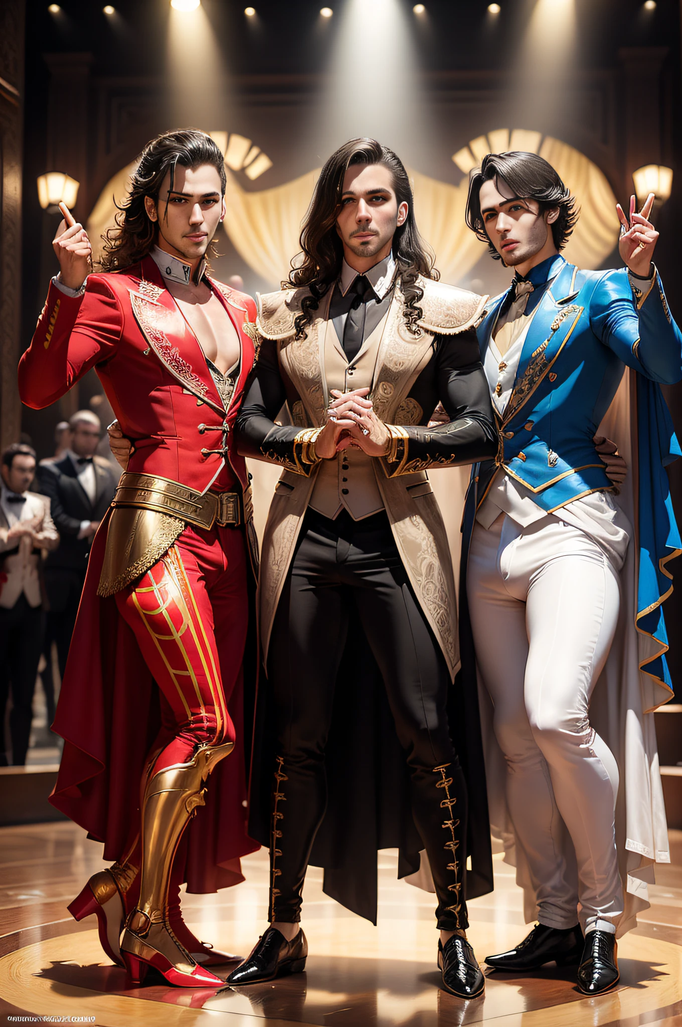 locomia, spanish male pop gay band, male dancers, male flamenco dancers, male singers, colorful costumes, pointy shoes, flamenco costumes, bullfighter costumes, dancing with fans, holding fans, giant fans, flamenco fans, boy band, power rangers, super sentai, tokusatsu, 80s, glamourous long curly hair