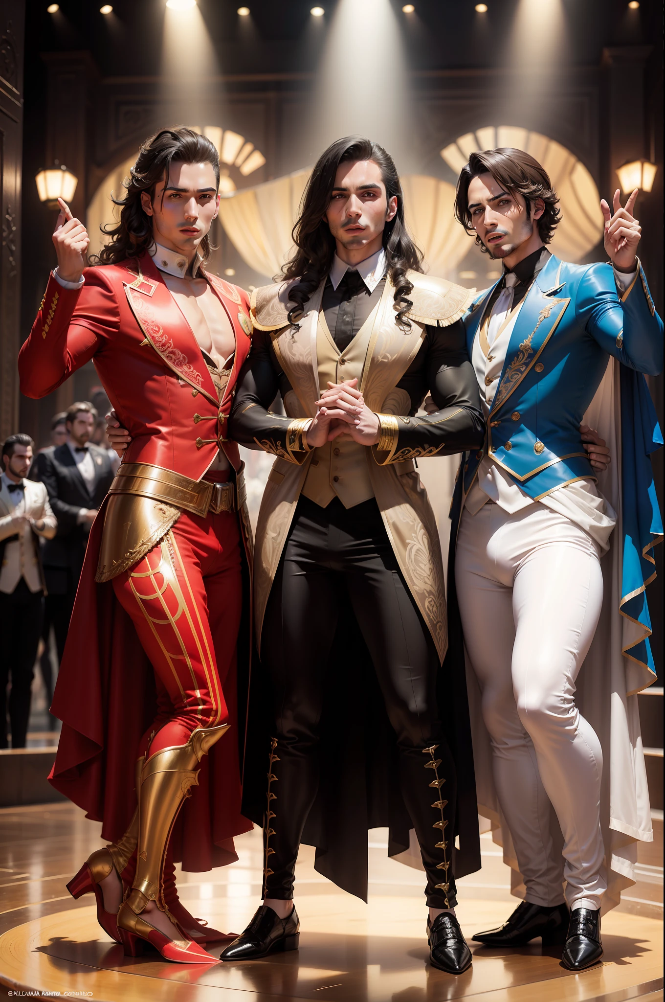 locomia, spanish male pop gay band, male dancers, male flamenco dancers, male singers, colorful costumes, pointy shoes, flamenco costumes, bullfighter costumes, dancing with fans, holding fans, giant fans, flamenco fans, boy band, power rangers, super sentai, tokusatsu, 80s, glamourous long curly hair