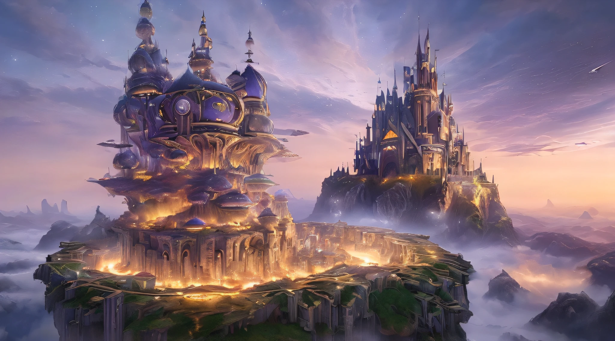 ((master piece)), best quality, (8k, best quality, masterpiece:1.2), ultra-detailed, illustration, big fantasy city, Science fiction, ethereal city, Floating city, many planets in the skies, clouds around, celestial architecture, purple energy scarring around, Giant castle in the center, astral skies