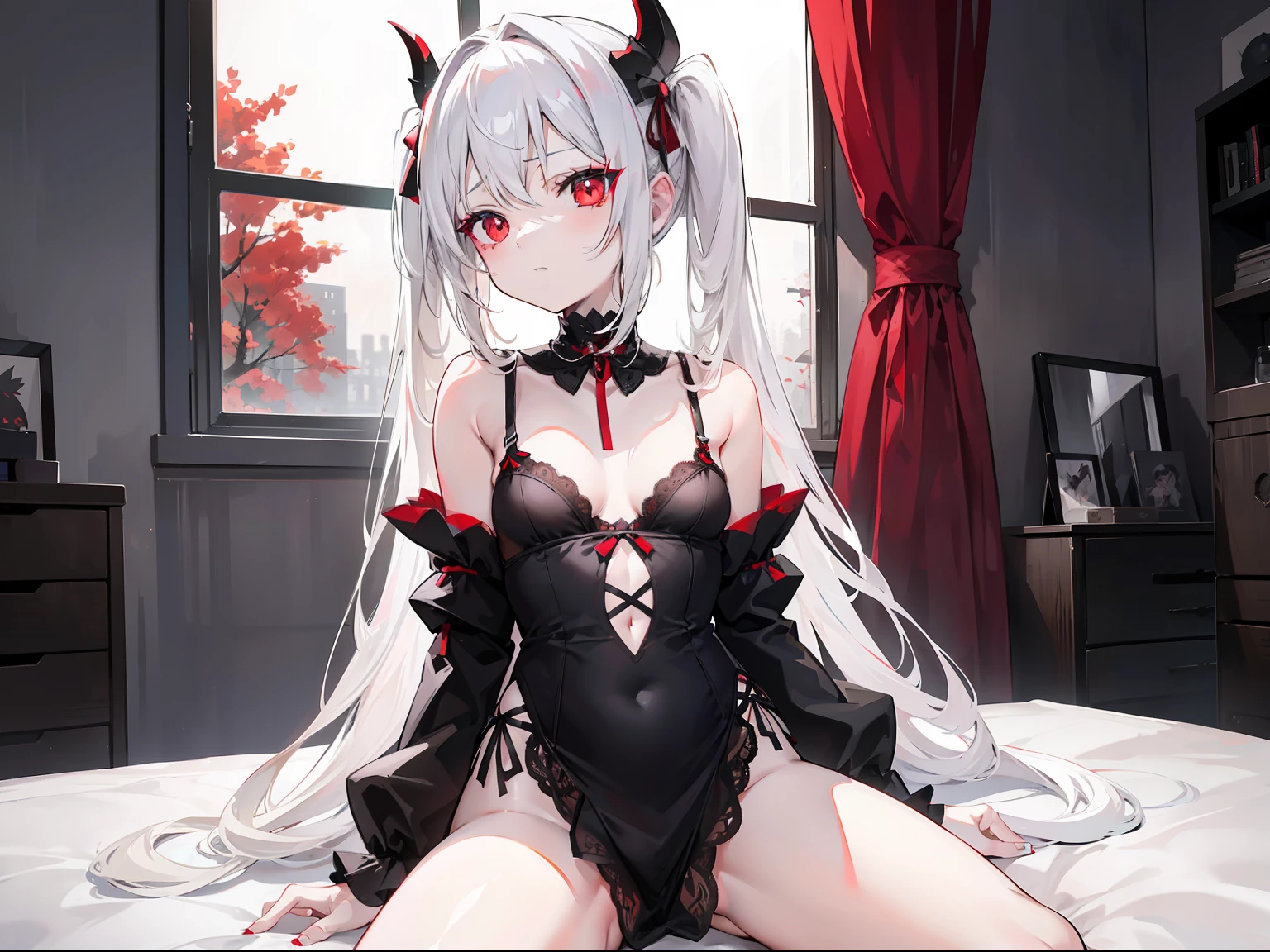 A young girl with a slender figure D-cup Long white hair Small devils on her head Red eyes Only wearing black lace underwear Underwear style is simple, black plus lace Hips with little devil tail decoration Sitting on the bed In a black room with crimson curtains A window with a wood grain border Outside the window is a dark sky and a black forest
