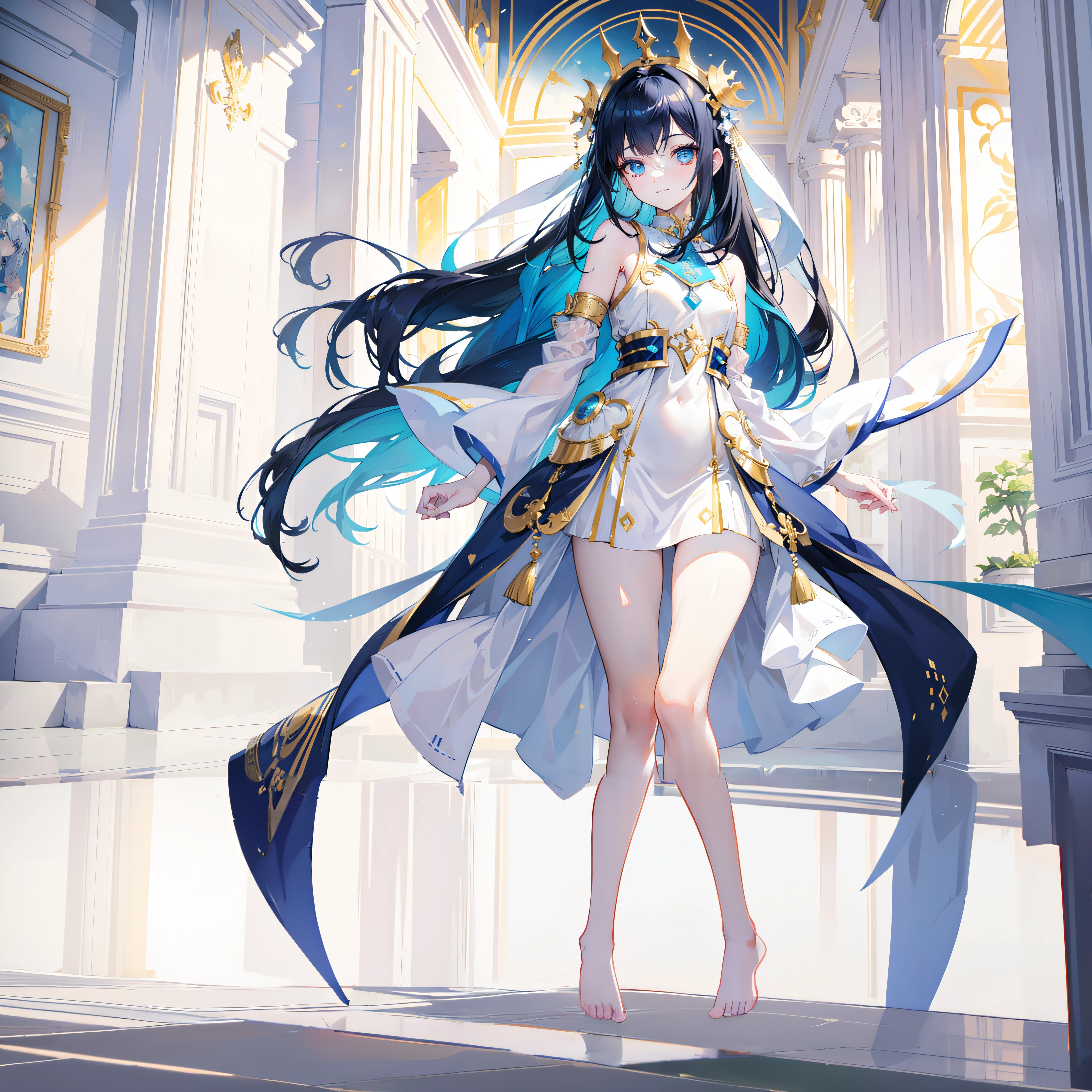 Anime barefoot floating on a white marble floor