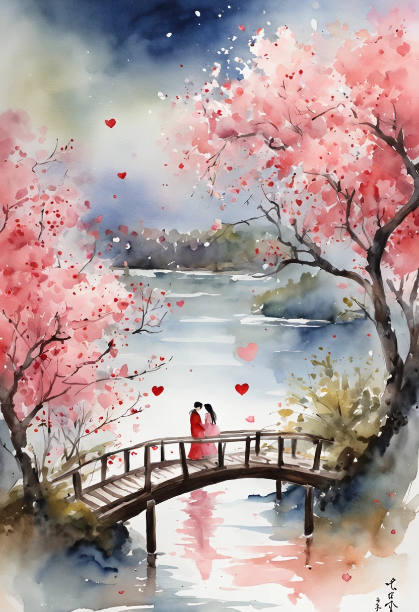 Tanabata Valentine's Day romantic poster，Close-up of a man and a woman kissing on a wooden bridge，Peach blossoms bloom on both sides of the river，Countless pink petals fell from the sky，Several magpies flew around in the sky，