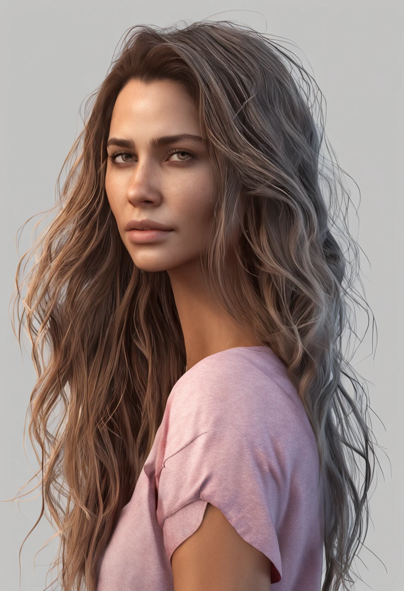 "Uma mulher confiante e estilosa, usando uma minissaia justa e uma blusa branca com um toque de decote, her long messy hair adding to her fascination. The scene is rendered in stunning 8k resolution with photorealistic detail and smooth shading, criando uma verdadeira obra-prima."