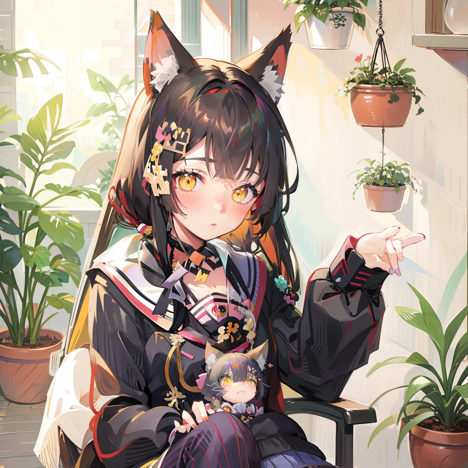 Anime girl with potted plants and cat ears sitting on a chair, cute anime catgirl, Anime girl with cat ears, anime cat, beautiful anime catgirl, Very Beautiful Anime Cat Girl, anime catgirl, girl with cat ears, anime visual of a cute cat, anime moe art style, attractive cat girl, Anime visuals of cute girls, very beautiful cute catgirl