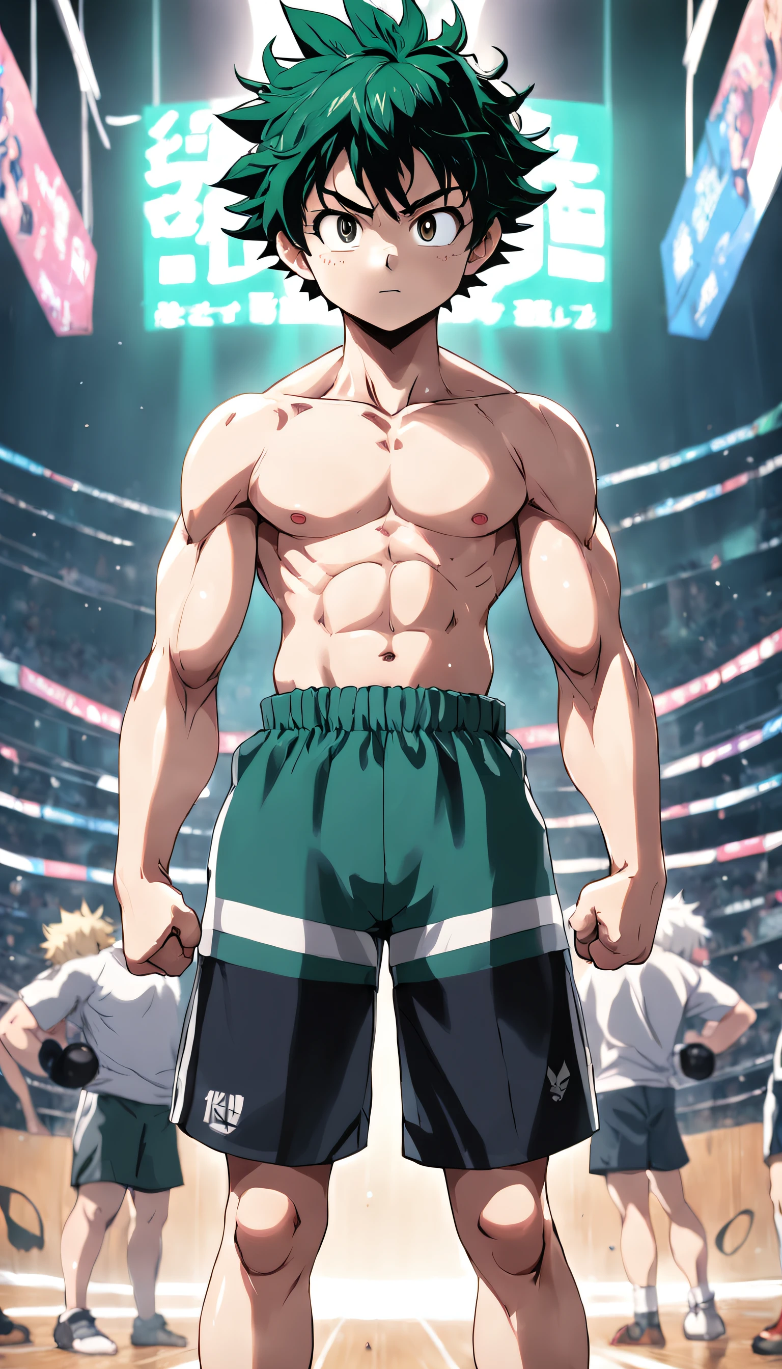 2boys, full body, male focus, muscular male, best quality, amazing quality, best aesthetic, absurdres, night club, surrounded by men, gay couple, official style, year 2023, game cg, looking at viewer, happy, looking at viewer, together on picture, yaoi, gay couple, emphasizing the extraordinary size of pregnant belly, pregnant belly, wet with milk dripping, at the center, (bakugou katsuki), Eijiro Kirishima red riot, boku no hero academia, nipples, arms back of head, wearing black short underwear, grin.