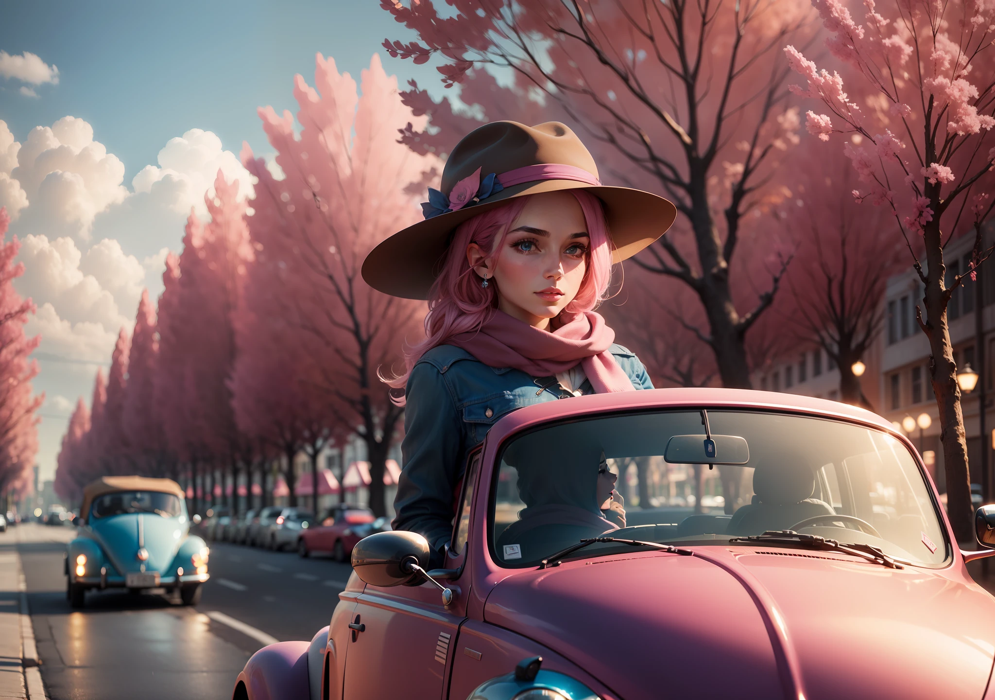 35 mm portrait of a beautiful woman with a hat on her head and a scarf around her neck driving a blue Volkswagen Beetle convertible, carro azul conversivel, Movie city and some trees with pink leaves, dramatic lighting, Ultra resolution, reflections on the ground and overcast sky, Detalhamento intrincado, hiper-realista , photorealistic cinematic, 4k