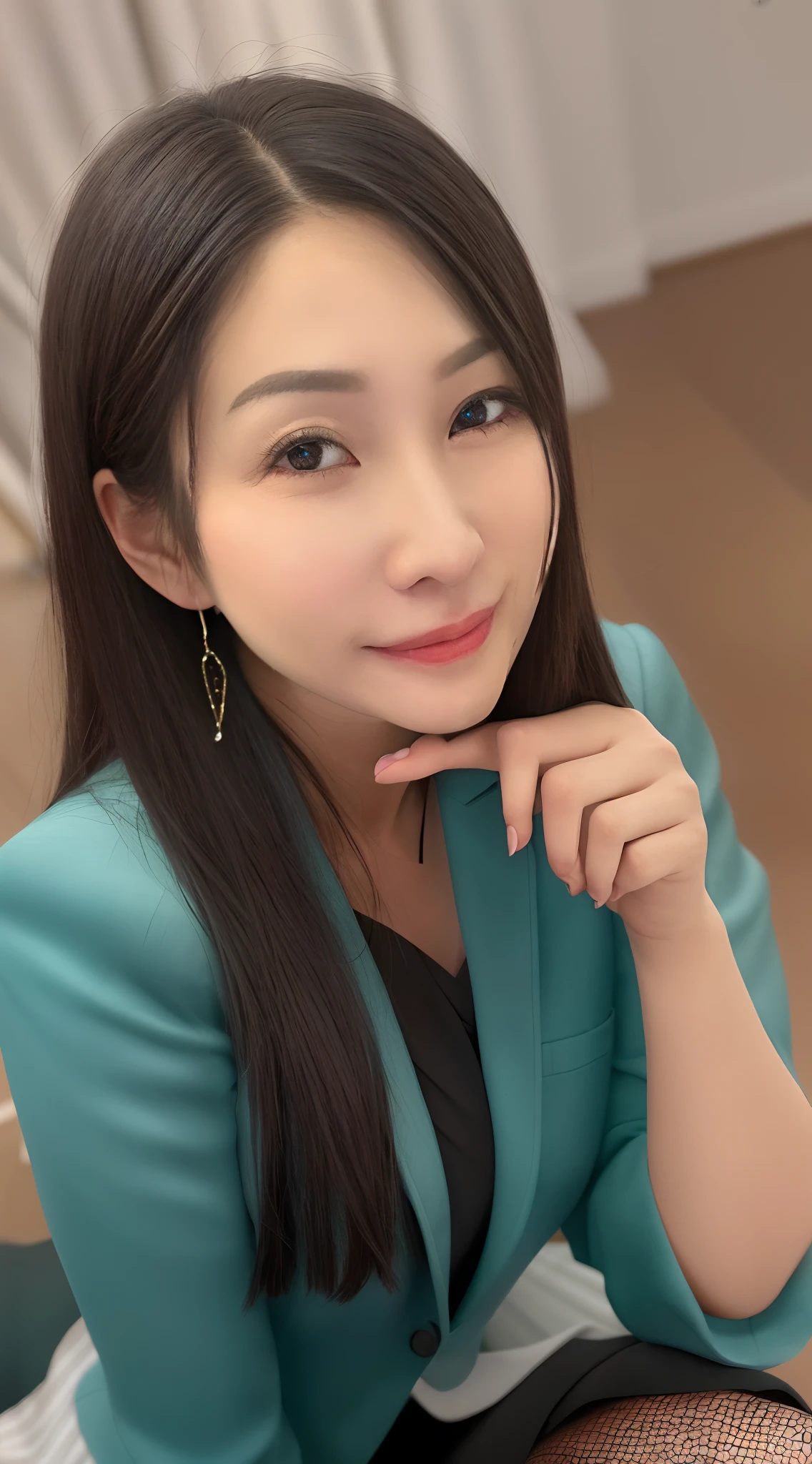 best qualtiy, tmasterpiece, 1girll, beauitful face, (photograph realistic:1.3), edge lit, (highdetailskin:1.2), 8K UHD, digital SLR camera, high high quality, A high resolution, 4k, 8k, bokeh, absurderes, Optimal proportions of four fingers and one thumb, (realisticlying:1.3), Cute 1girl, Wearing a black formal blazer, mediuml breasts, short skirt,Short blue-gray hair