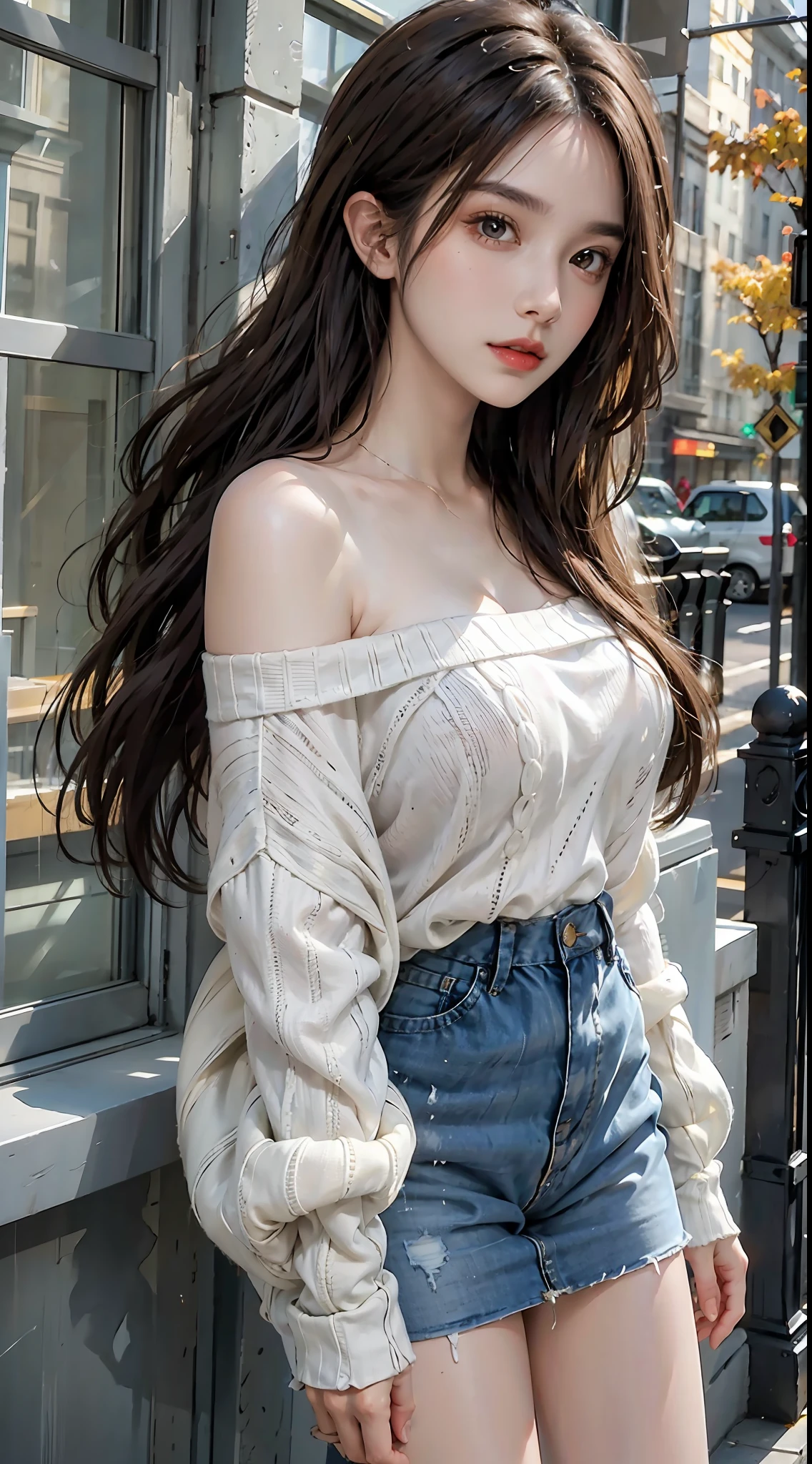 mid-shot, a beautiful woman looking into camera, off shoulder sweater by Chris Foss autumn lights