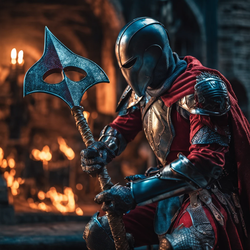 Marvel at the magical spider - the man who served as a medieval themed knight, Full set of red and blue glittering armor, Intricate details, Depicted in action poses, holds a spear, Medieval town in the background, Photorealistic, Dramatic lighting, Beautiful color grading, 8K resolution, Shot with Canon EOS C70 RF24–105mm lens