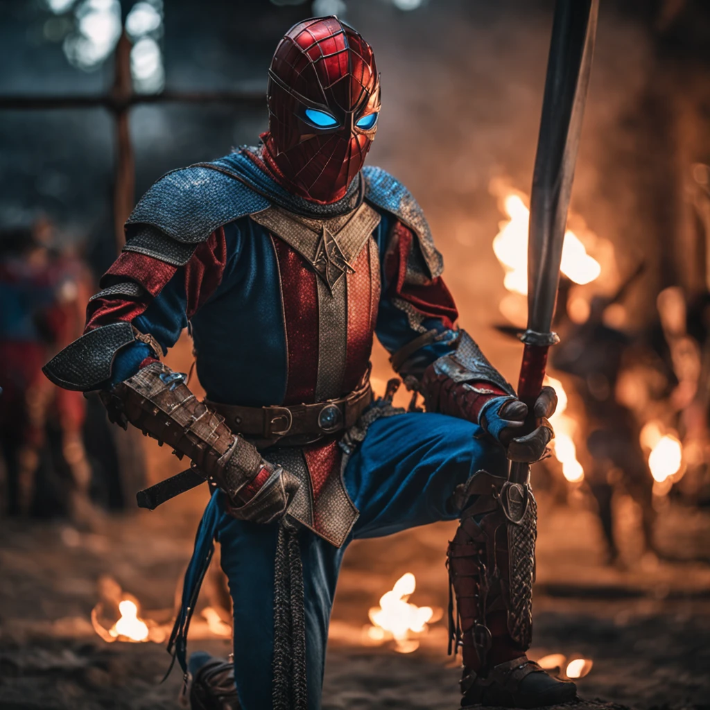 Marvel at the magical spider - the man who served as a medieval themed knight, Full set of red and blue glittering armor, Intricate details, Depicted in action poses, holds a spear, Medieval town in the background, Photorealistic, Dramatic lighting, Beautiful color grading, 8K resolution, Shot with Canon EOS C70 RF24–105mm lens