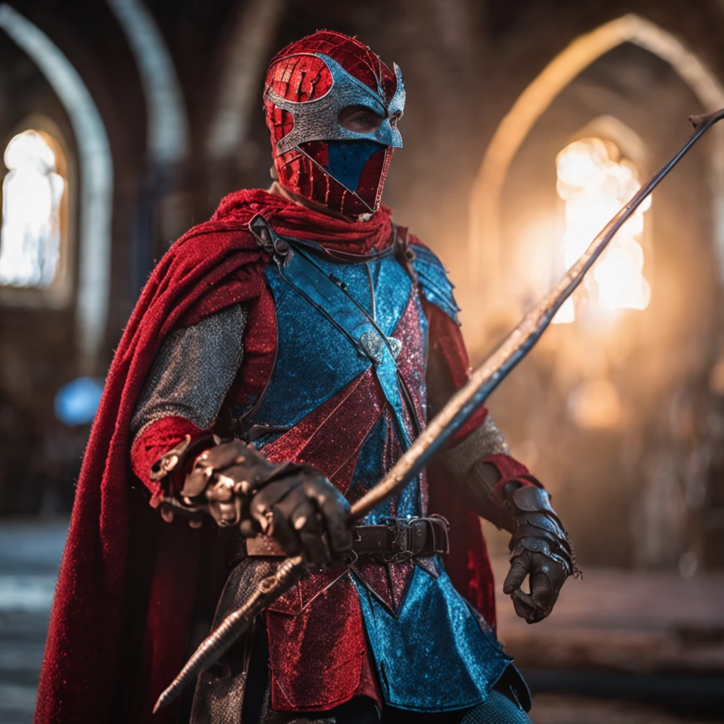 Marvel at the magical spider - the man who served as a medieval themed knight, Full set of red and blue glittering armor, Intricate details, Depicted in action poses, holds a spear, Medieval town in the background, Photorealistic, Dramatic lighting, Beautiful color grading, 8K resolution, Shot with Canon EOS C70 RF24–105mm lens