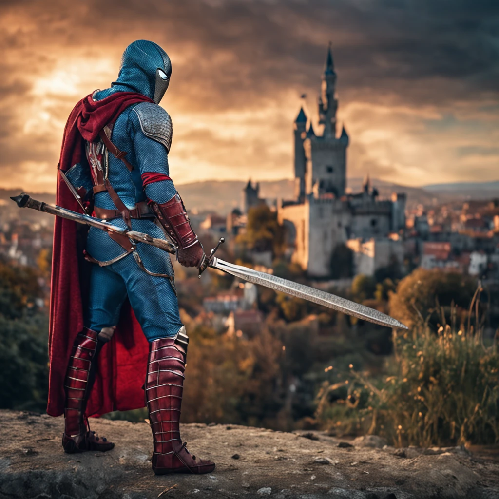 Marvel at the magical spider - the man who served as a medieval themed knight, Full set of red and blue glittering armor, Intricate details, Depicted in action poses, holds a spear, Medieval town in the background, Photorealistic, Dramatic lighting, Beautiful color grading, 8K resolution, Shot with Canon EOS C70 RF24–105mm lens