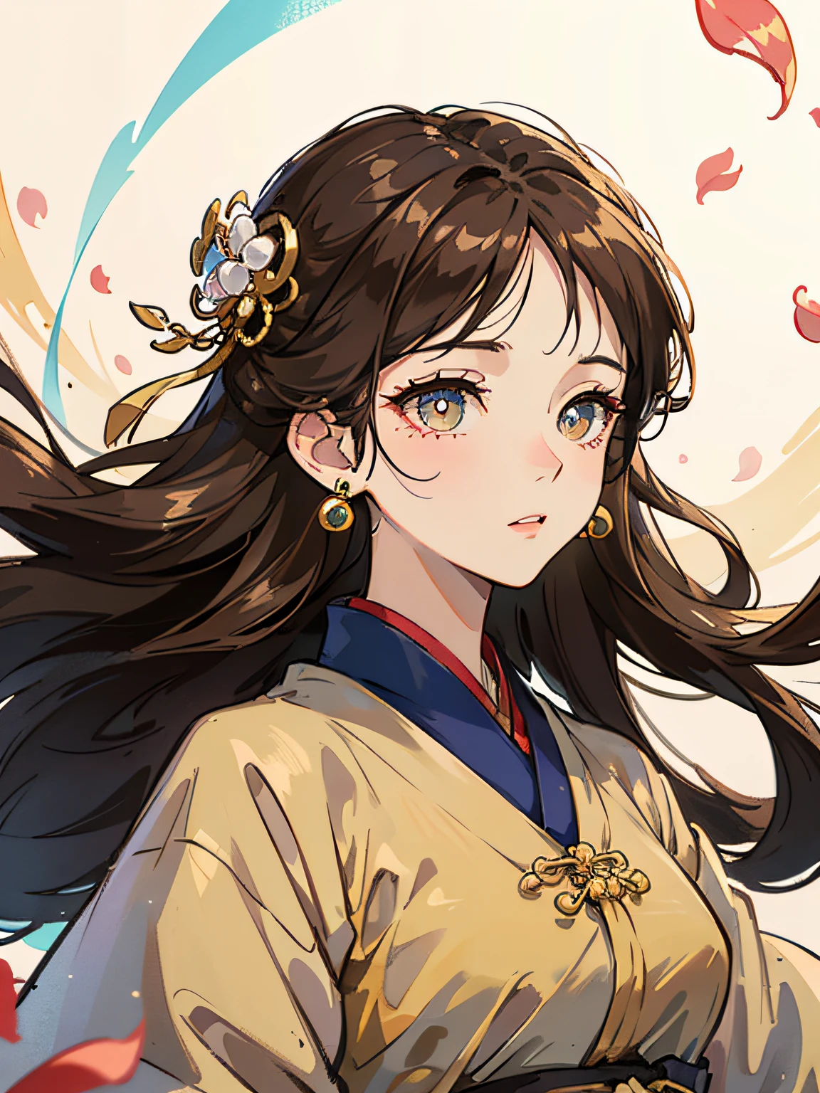Mature girl , brown hair, floating hair, delicate and smart eyes, starry pupils, intricate damask hanfu, gorgeous accessories, wearing pearl earrings, FOV, f1.8, masterpiece, complex scene, flower petals flying, front portrait shot, Chang'e , golden eyes,