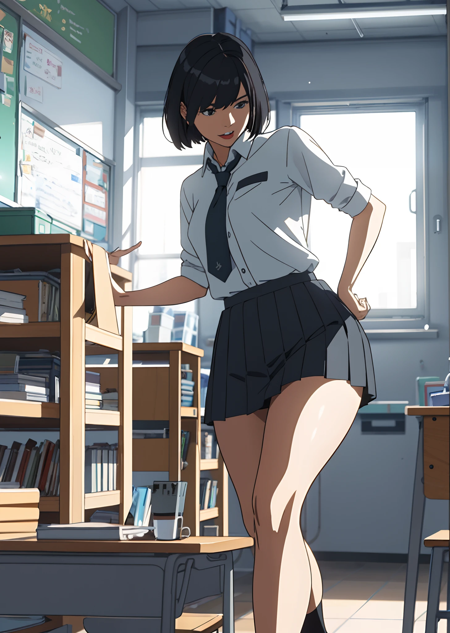 full bodyesbian,Two-dimensional woman,high school senior,short detailed hair,Black hair,Classroom,short skirt,perspire,thick thight,