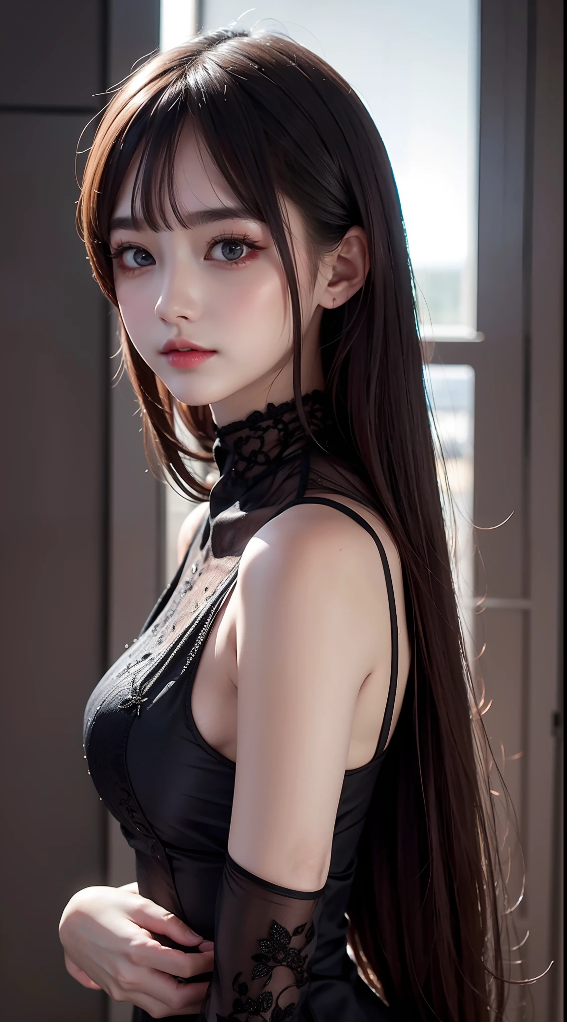 8K ultra hd, Masterpiece, beautiful cute girl, cute face, detailed eyes, medium breathe, black dress, fantacy dress, dim light, cool background, whole body capture,