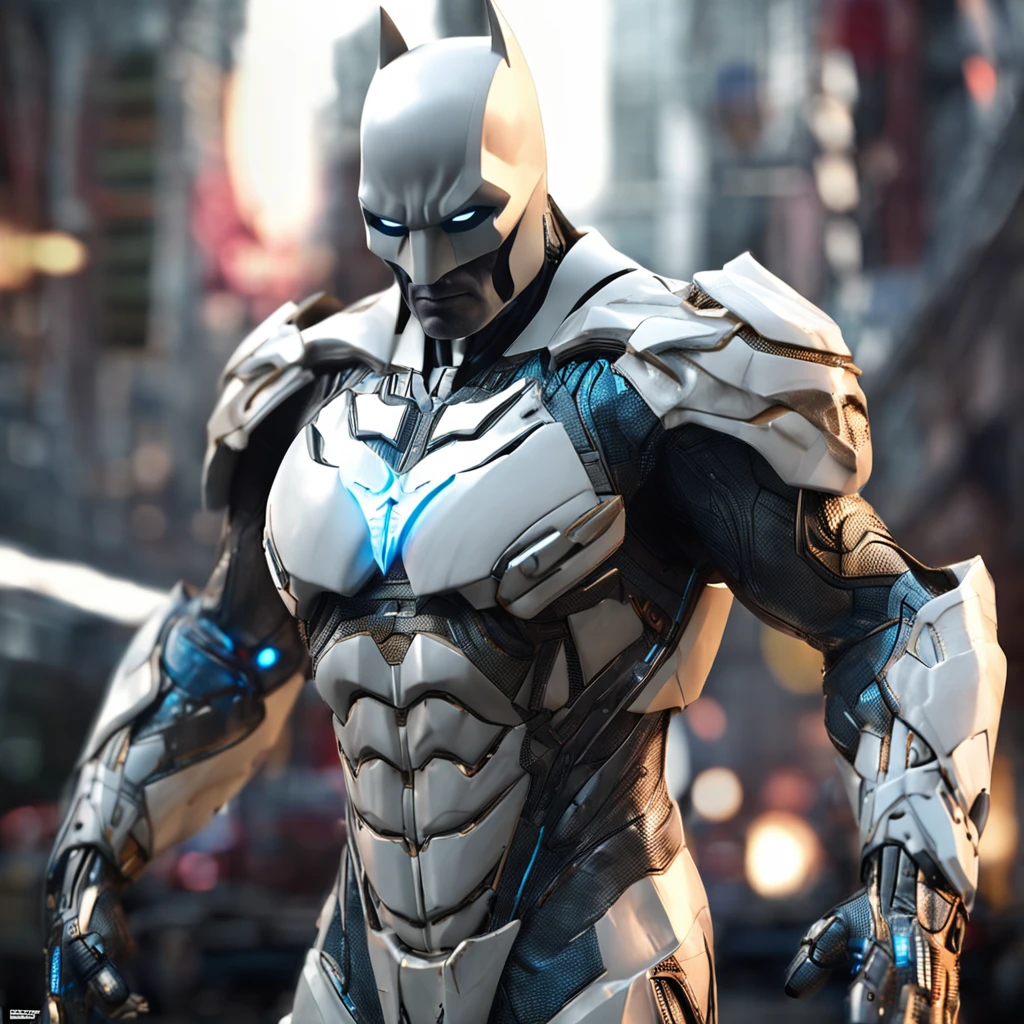 :Realistic white Batman focus on an advanced cybernetic masterpiece suit, cinematico, aerodinamico, alta qualidade ::n_desenho de estilo, Low-quality imperfection, boneco, game, anime