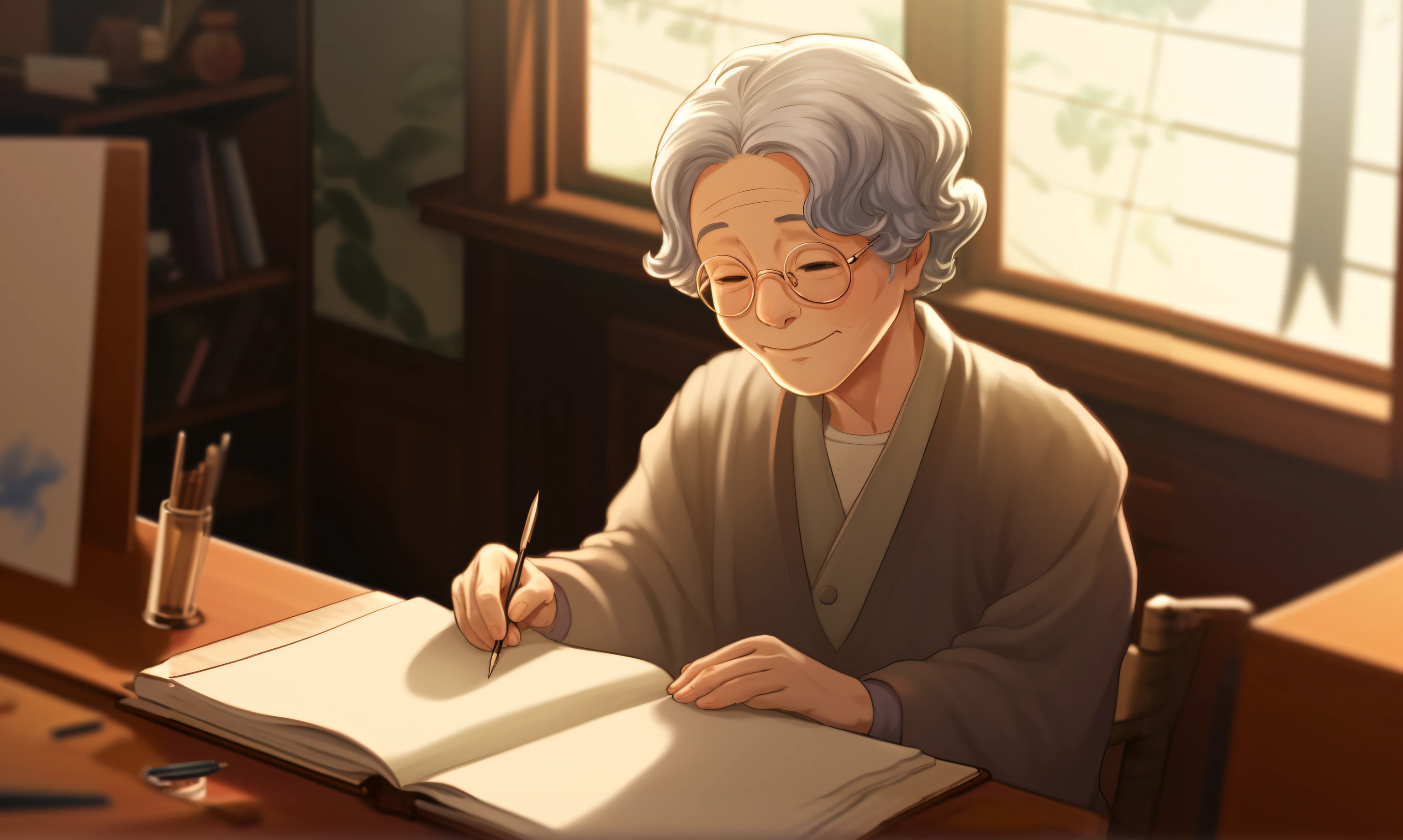 There was a woman sitting at a table writing a book, Detailed fanart, inspired by the senior character artist, Old lady, drawn in anime painter studio, Shouko Nishimiya, An old lady, official fanart, by Ni Yuanlu, Detailed 2D illustration, Old woman, inspired by Tsuchiya Koitsu, Digital anime illustration, Beautiful character painting