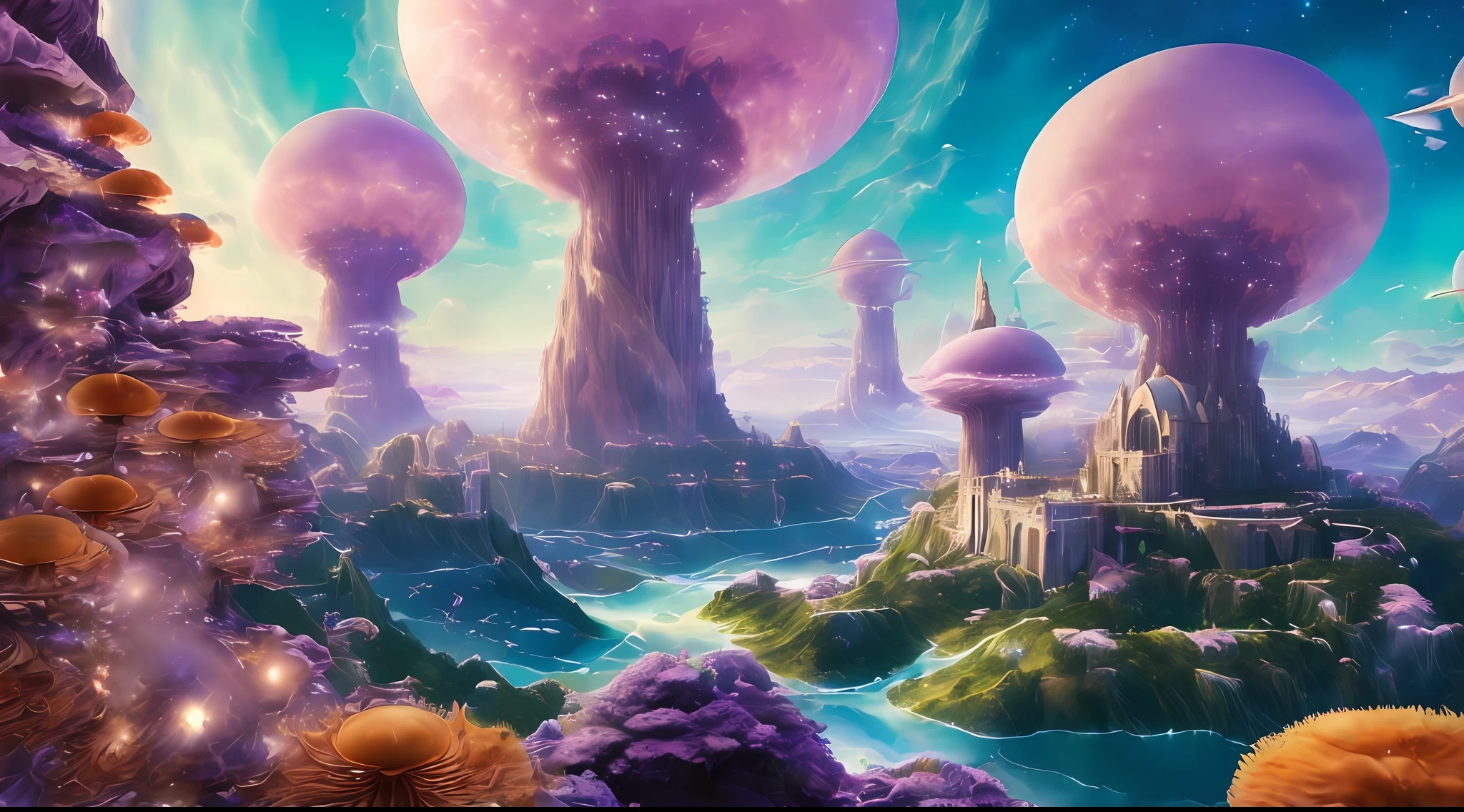 ((master piece)), best quality, (8k, best quality, masterpiece:1.2), ultra-detailed, illustration, big fantasy city, Science fiction, ethereal city, Floating city, many planets in the skies, clouds around, celestial architecture, purple energy scarring around, Giant castle in the center, astral skies, bioluminescent blooms, water magic