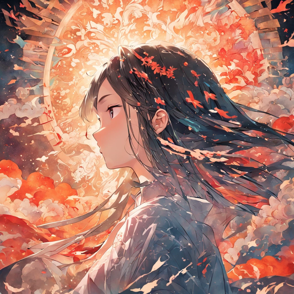 (White background:1.4),(Silhouette of a girl's head, Eyes closed, colorfull long hair, Oriental elements)，(Chinese illustration:1.3，paper art:1.3, Quilted paper art:1.2),( reasonable design, Clear lines, High sharpness,Best quality, Very detailed, Masterpiece, movie light effect, 4K )